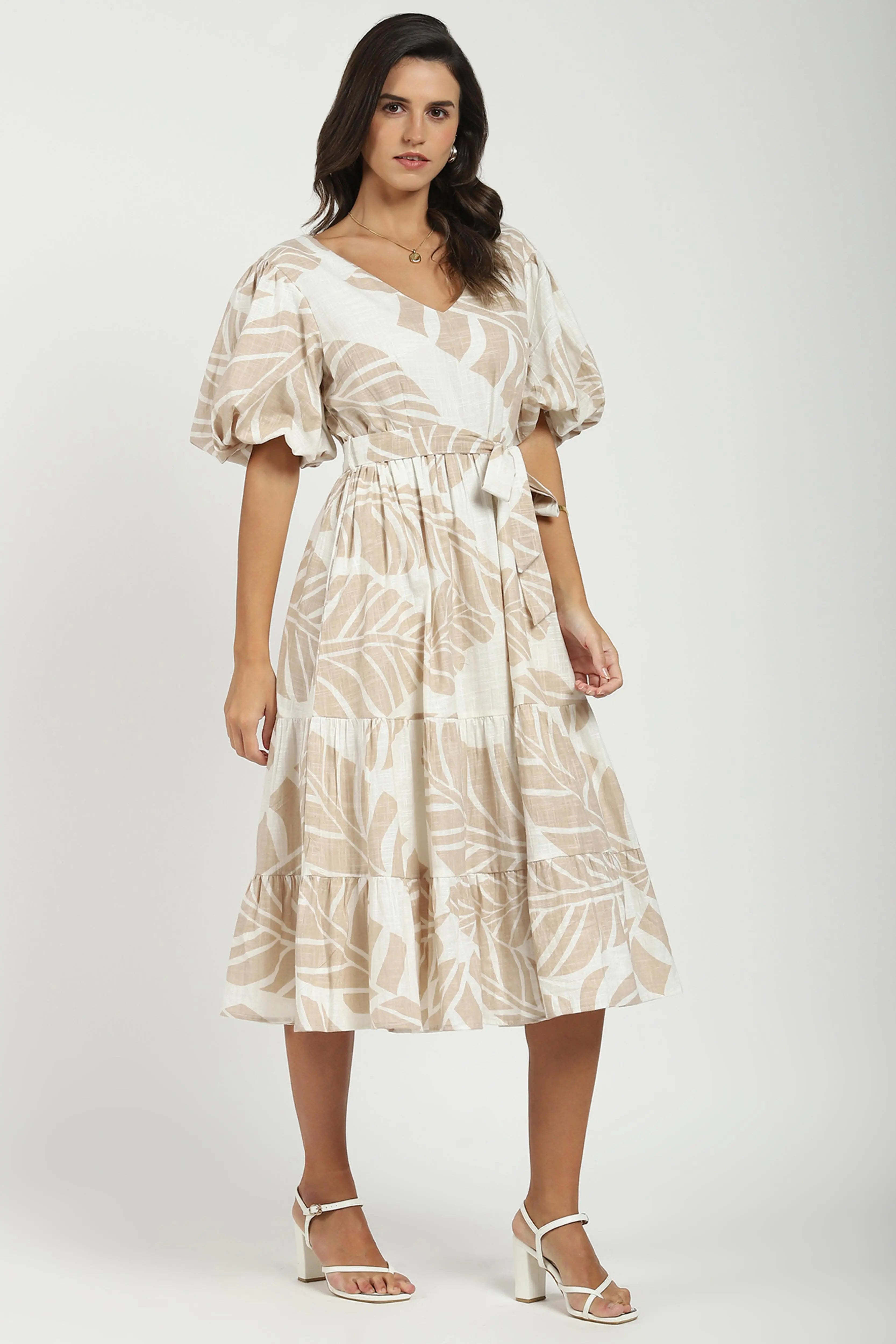 Beige Puff Sleeves Flared Dress - Global Republic