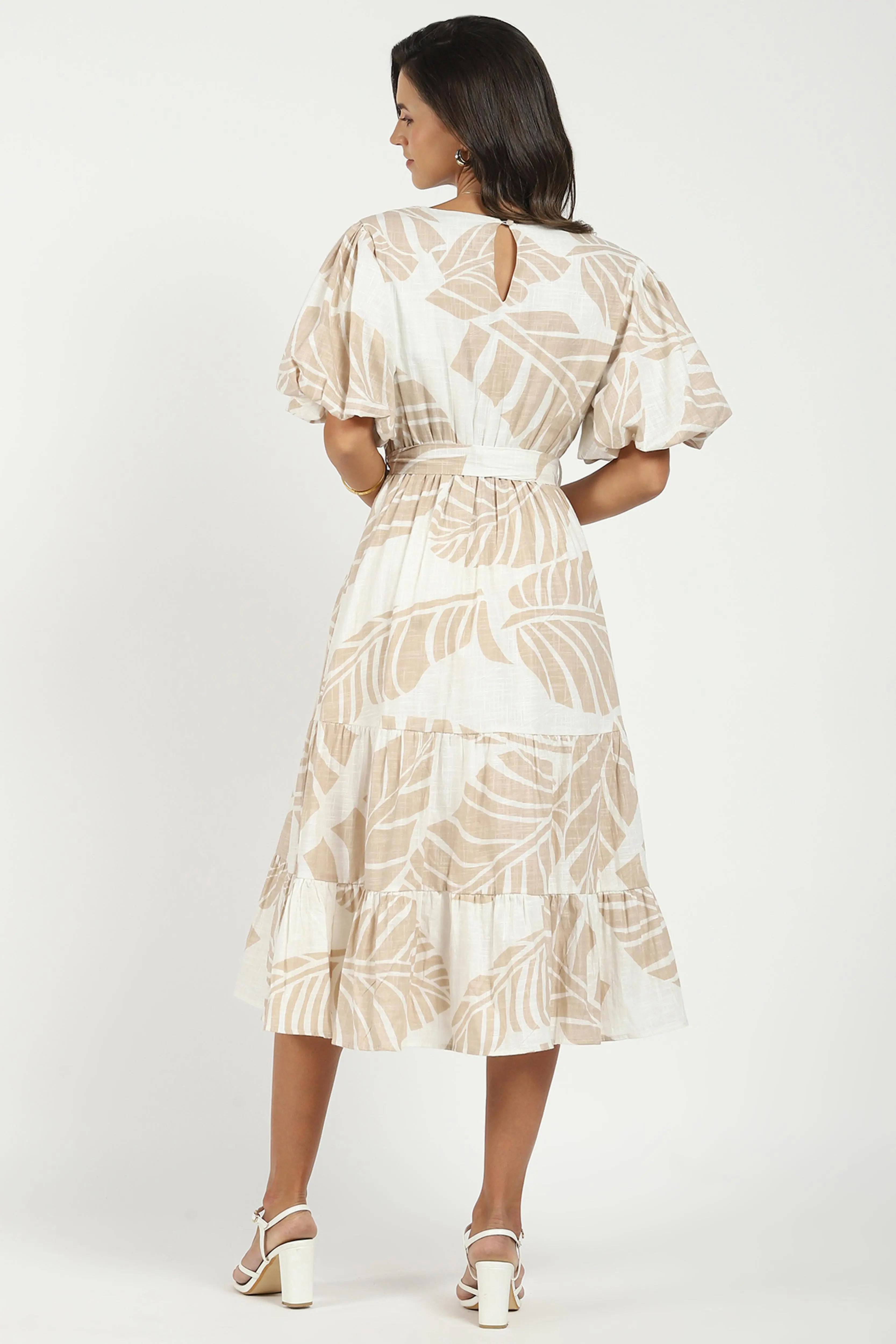 Beige Puff Sleeves Flared Dress - Global Republic