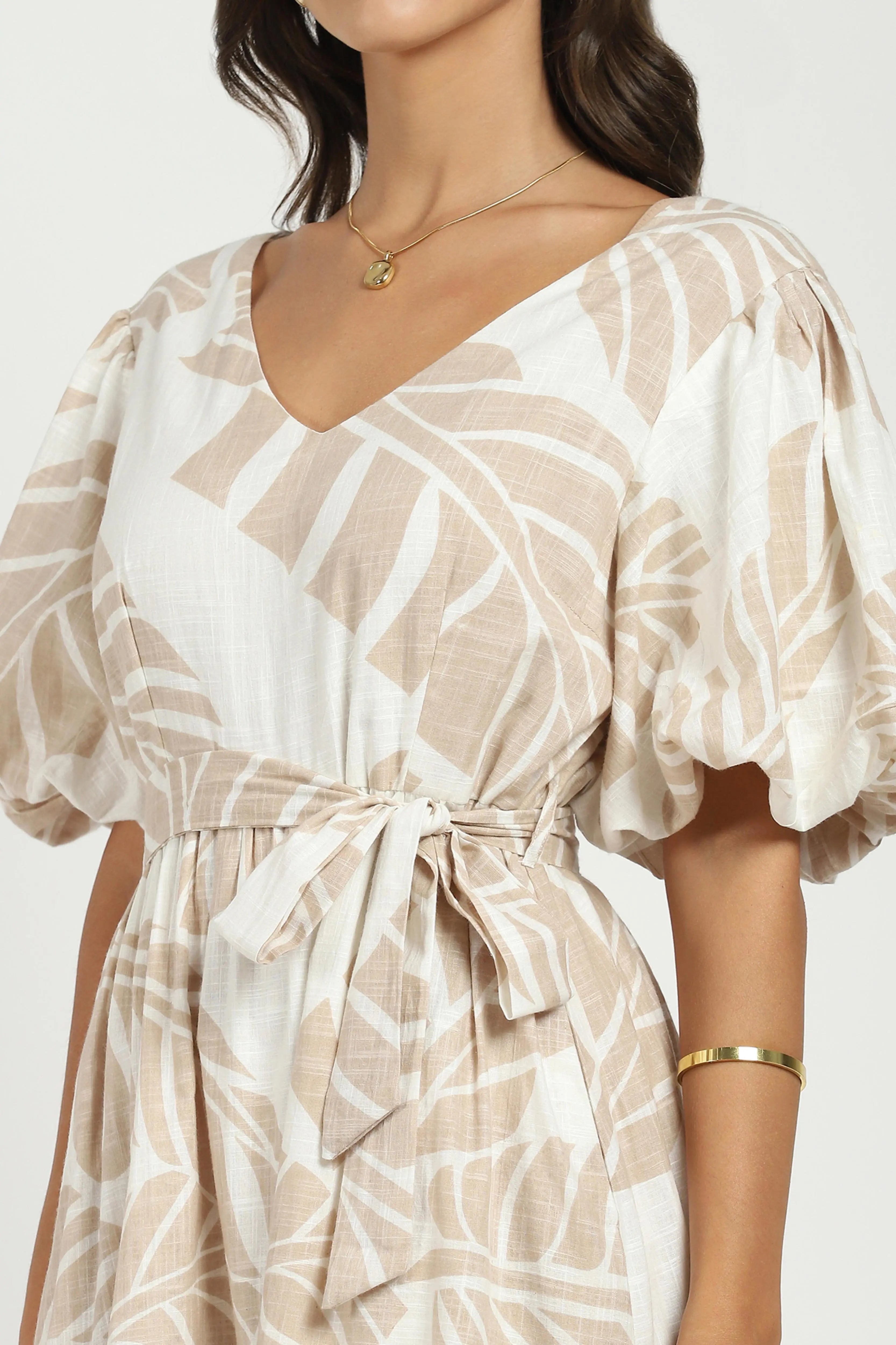 Beige Puff Sleeves Flared Dress - Global Republic