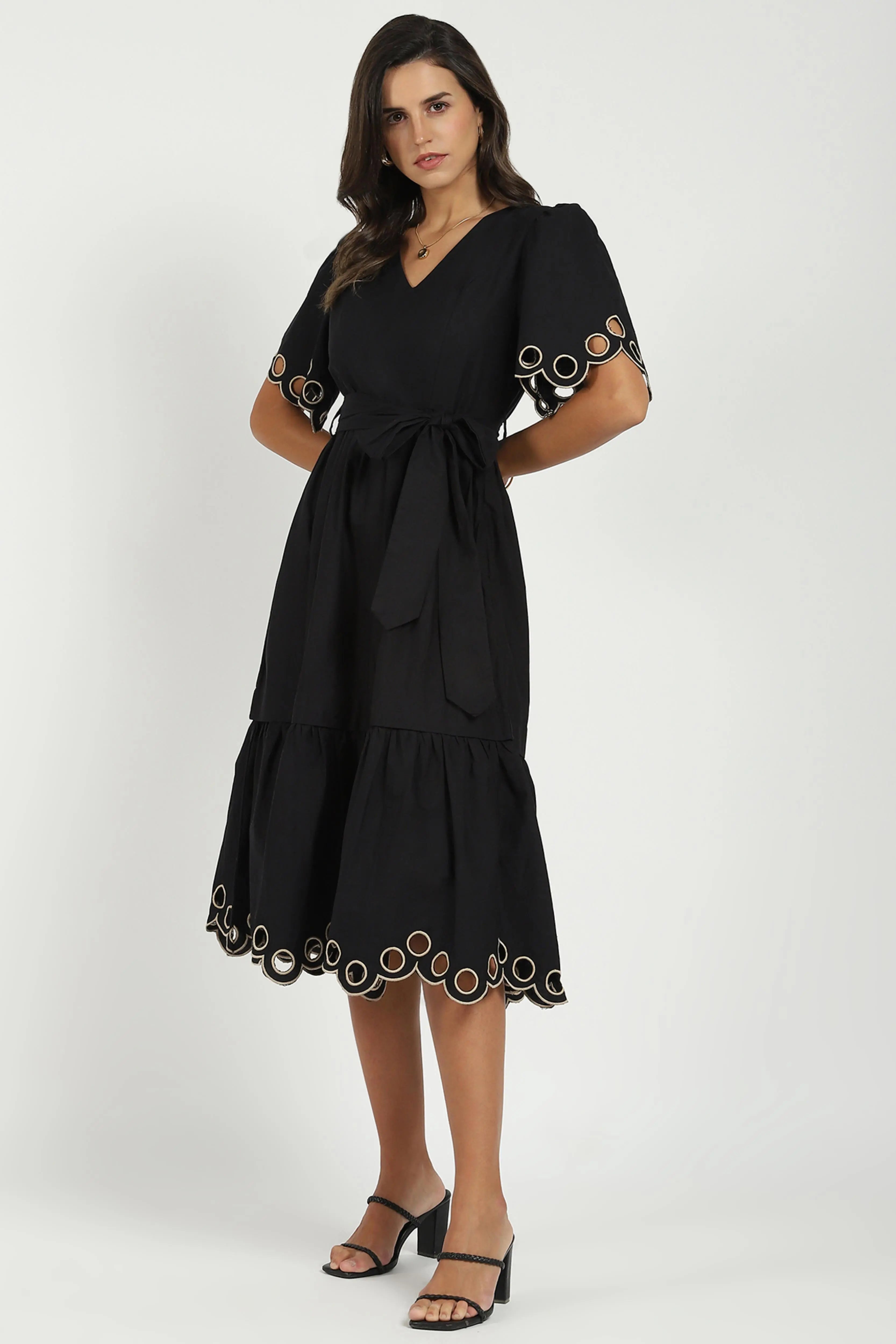 Black Cut Work Tiered Dress - Global Republic