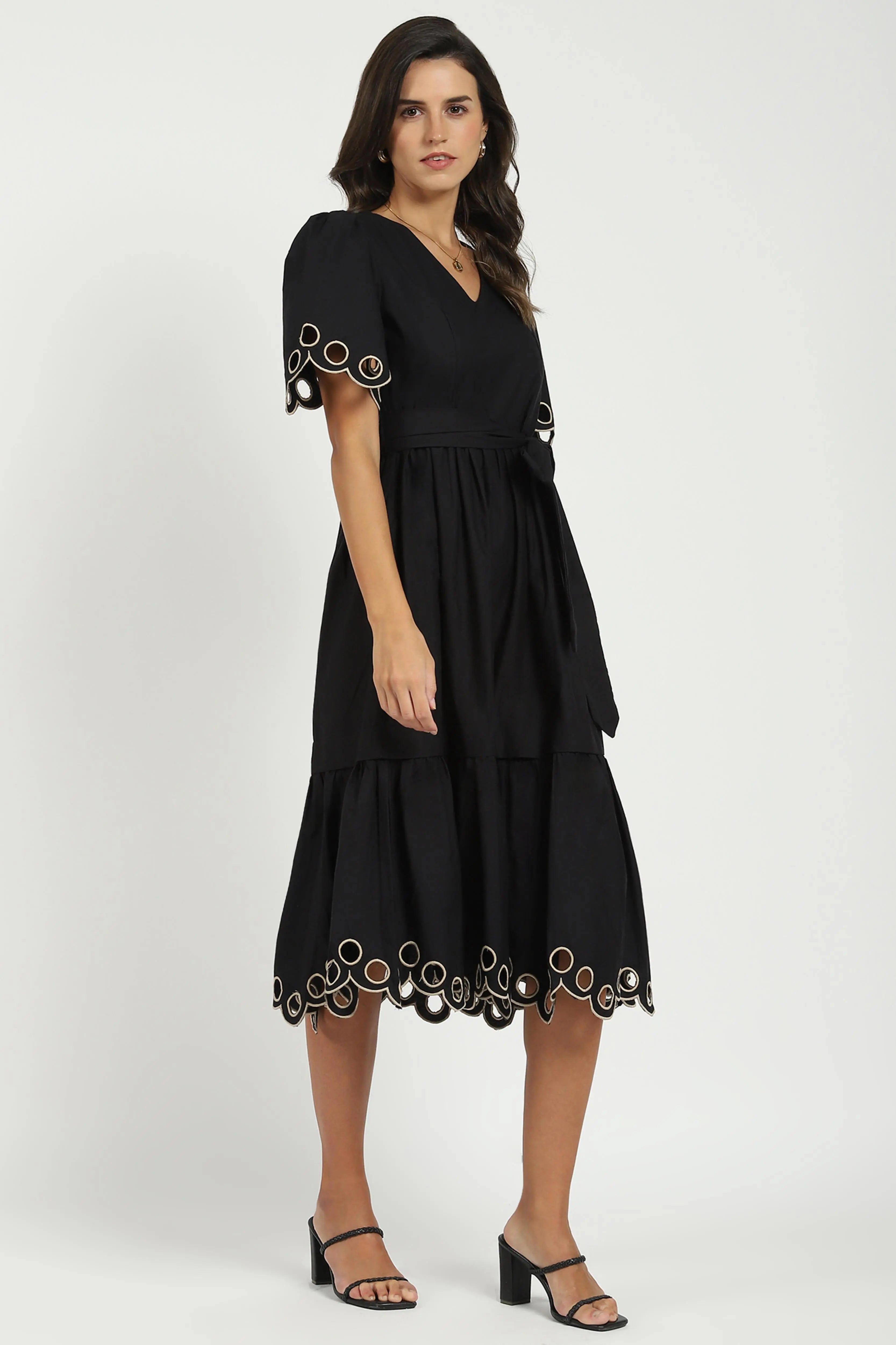 Black Cut Work Tiered Dress - Global Republic