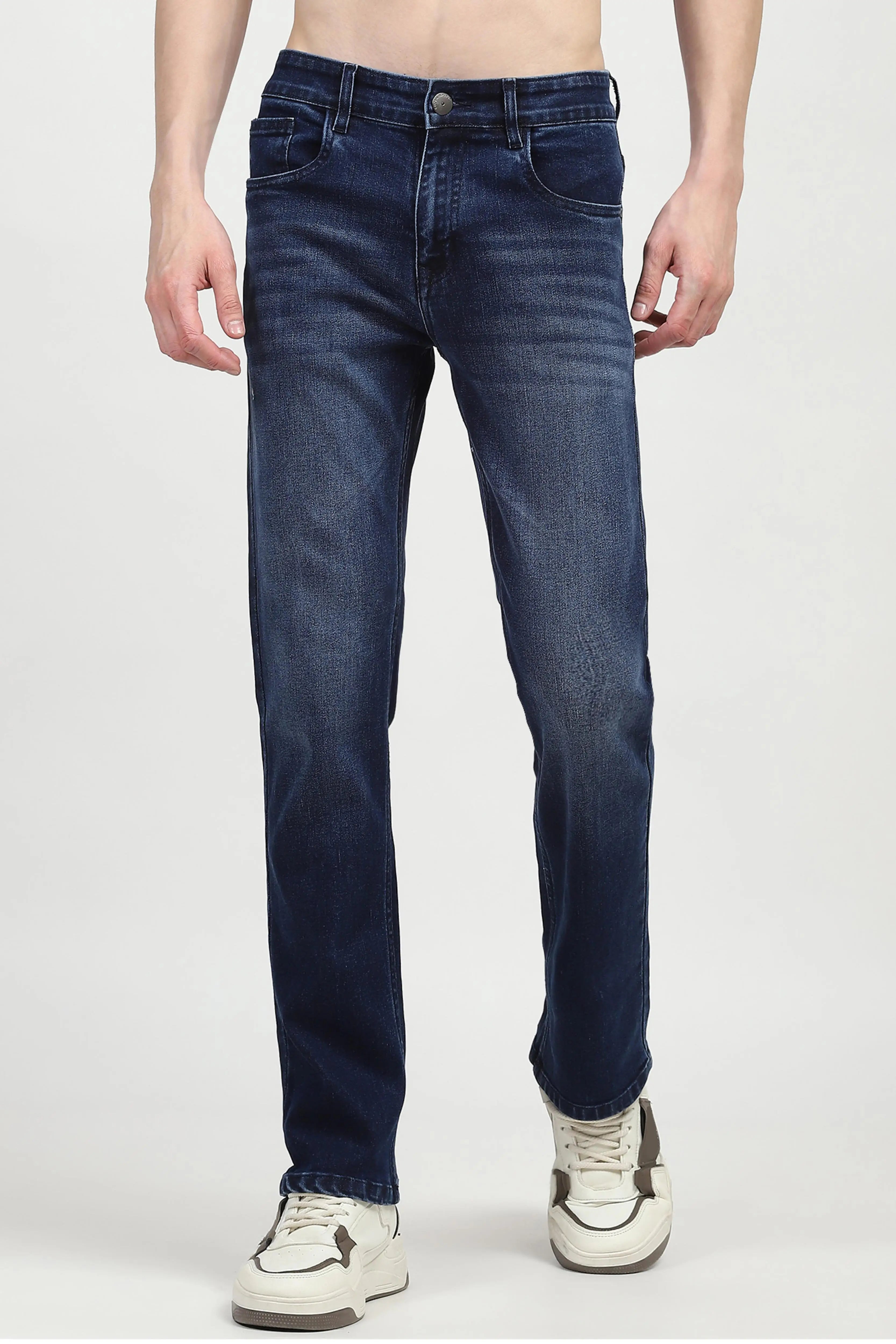Dark Blue Solid Regular Fit Jeans - Global Republic