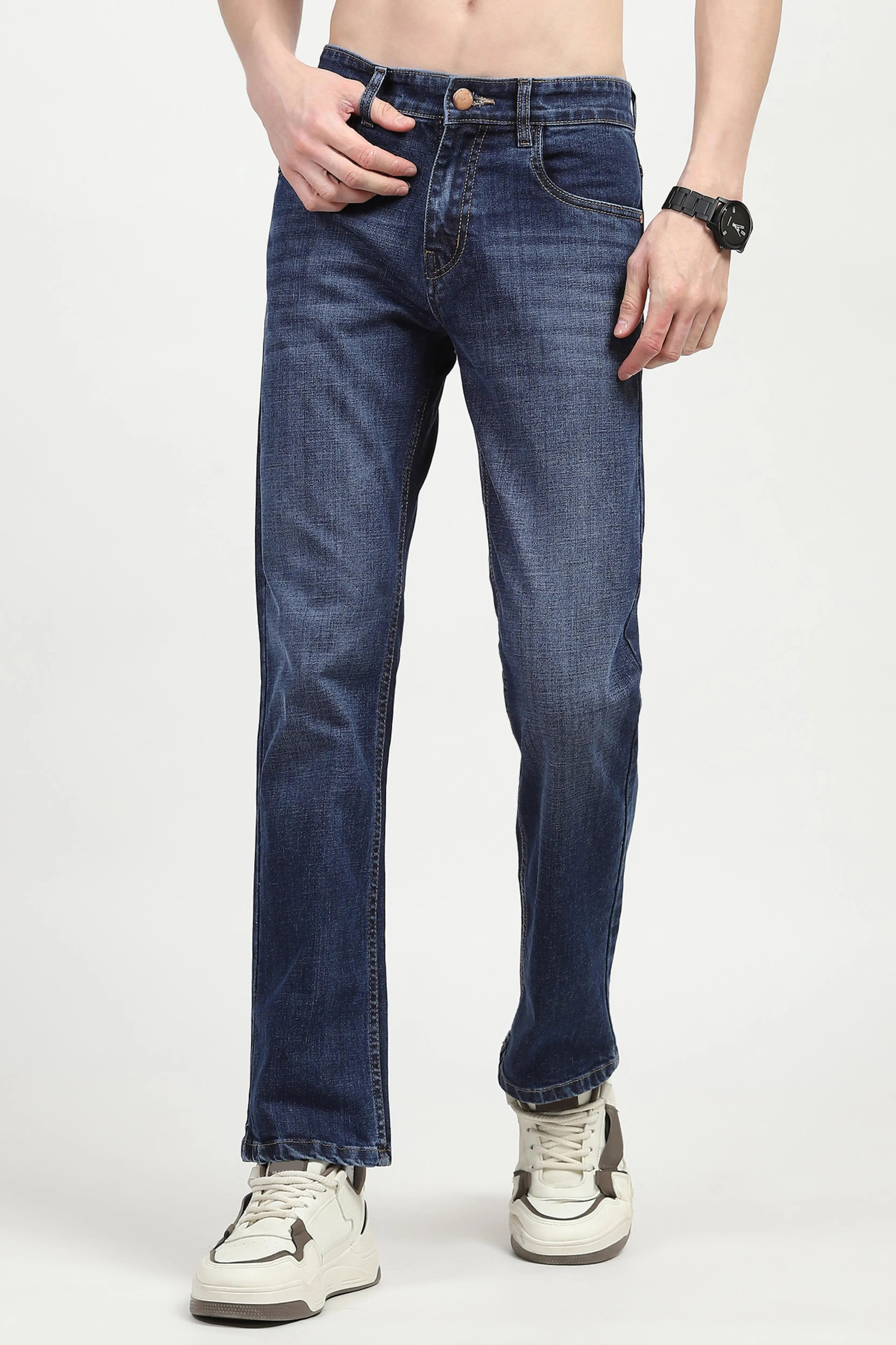 Blue Solid Regular Fit Jeans - Global Republic