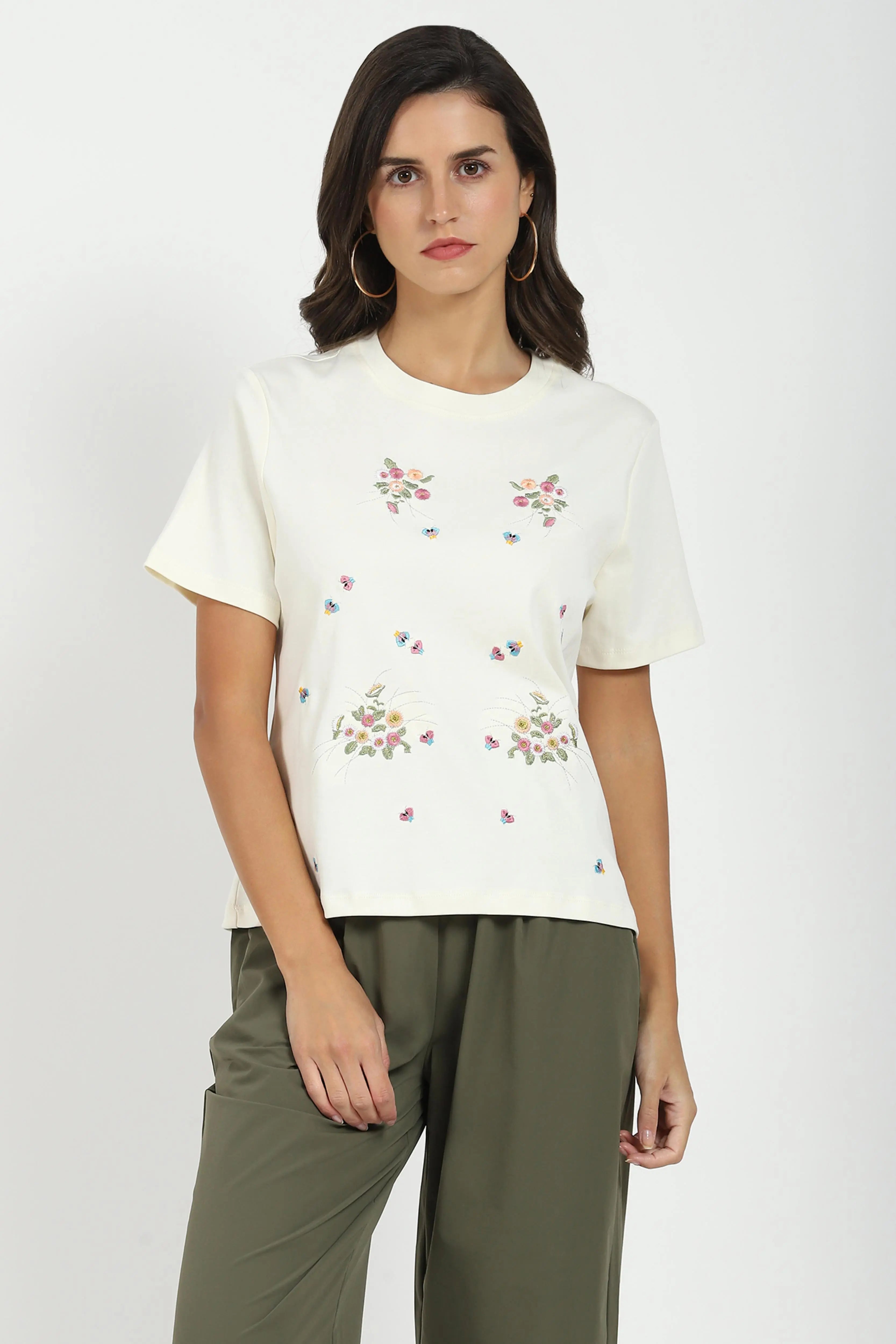 Cream Floral Embroidered Top - Global Republic