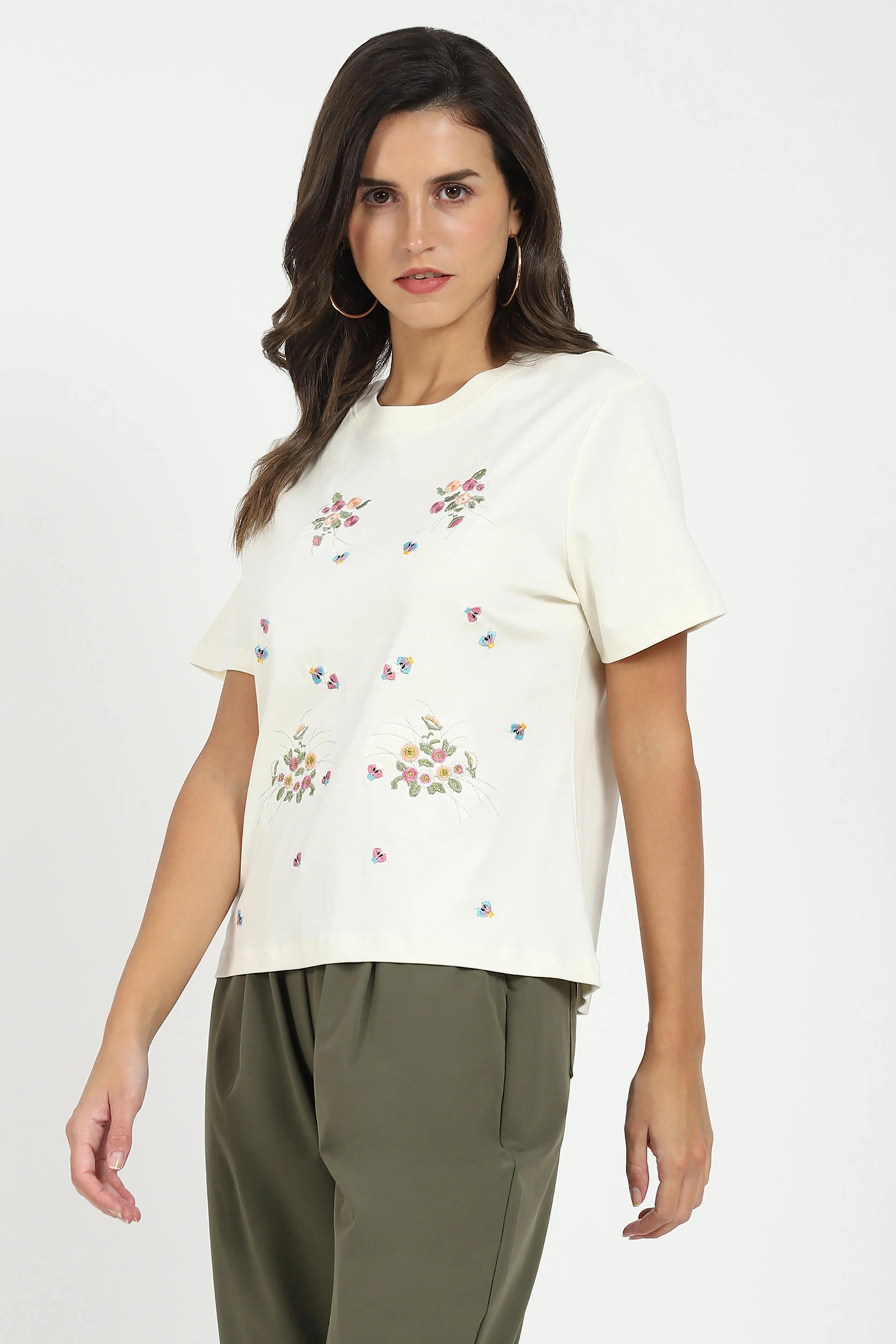 Cream Floral Embroidered Top - Global Republic