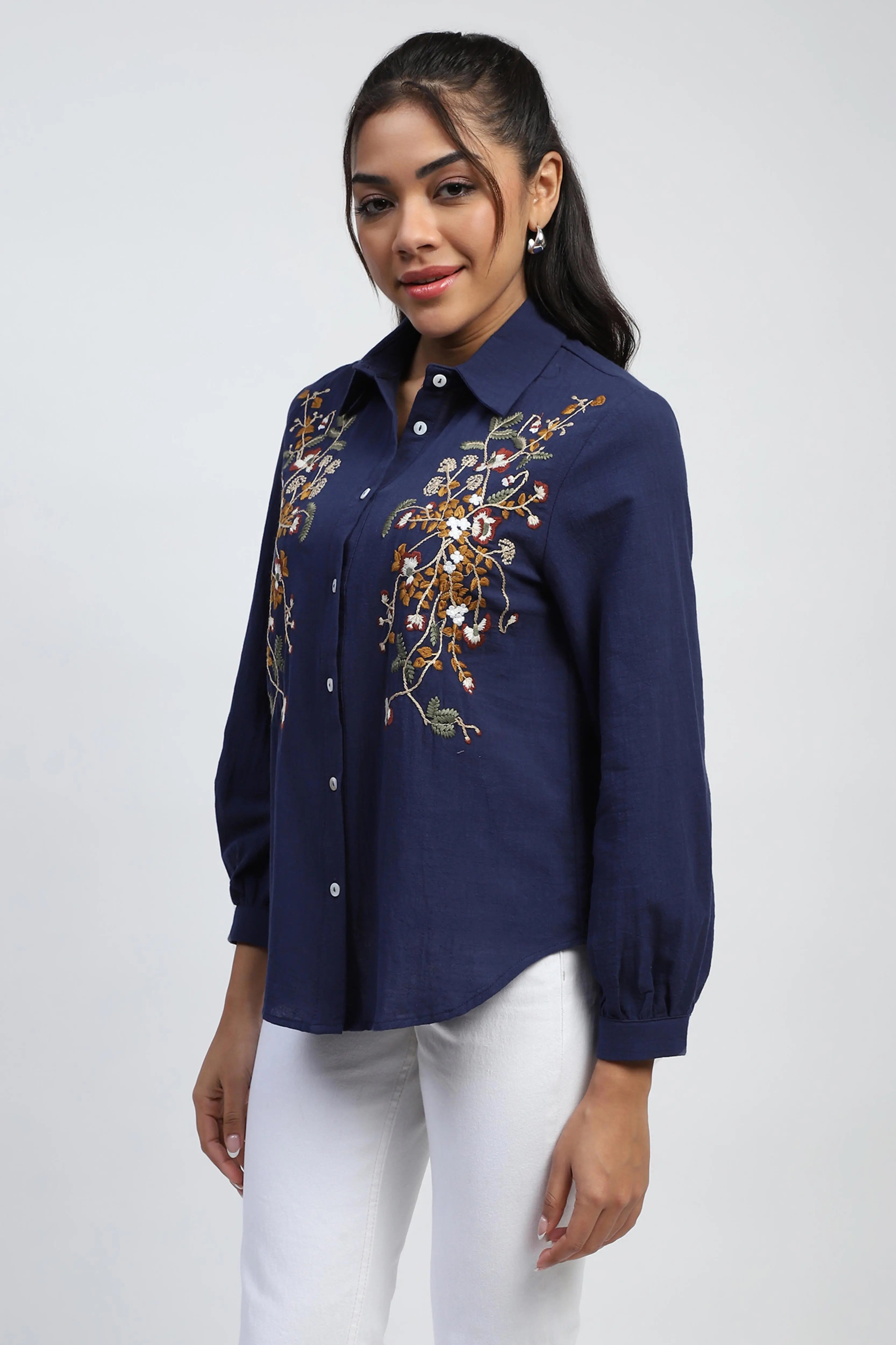 Navy Floral Embroidered Cotton Shirt - Global Republic