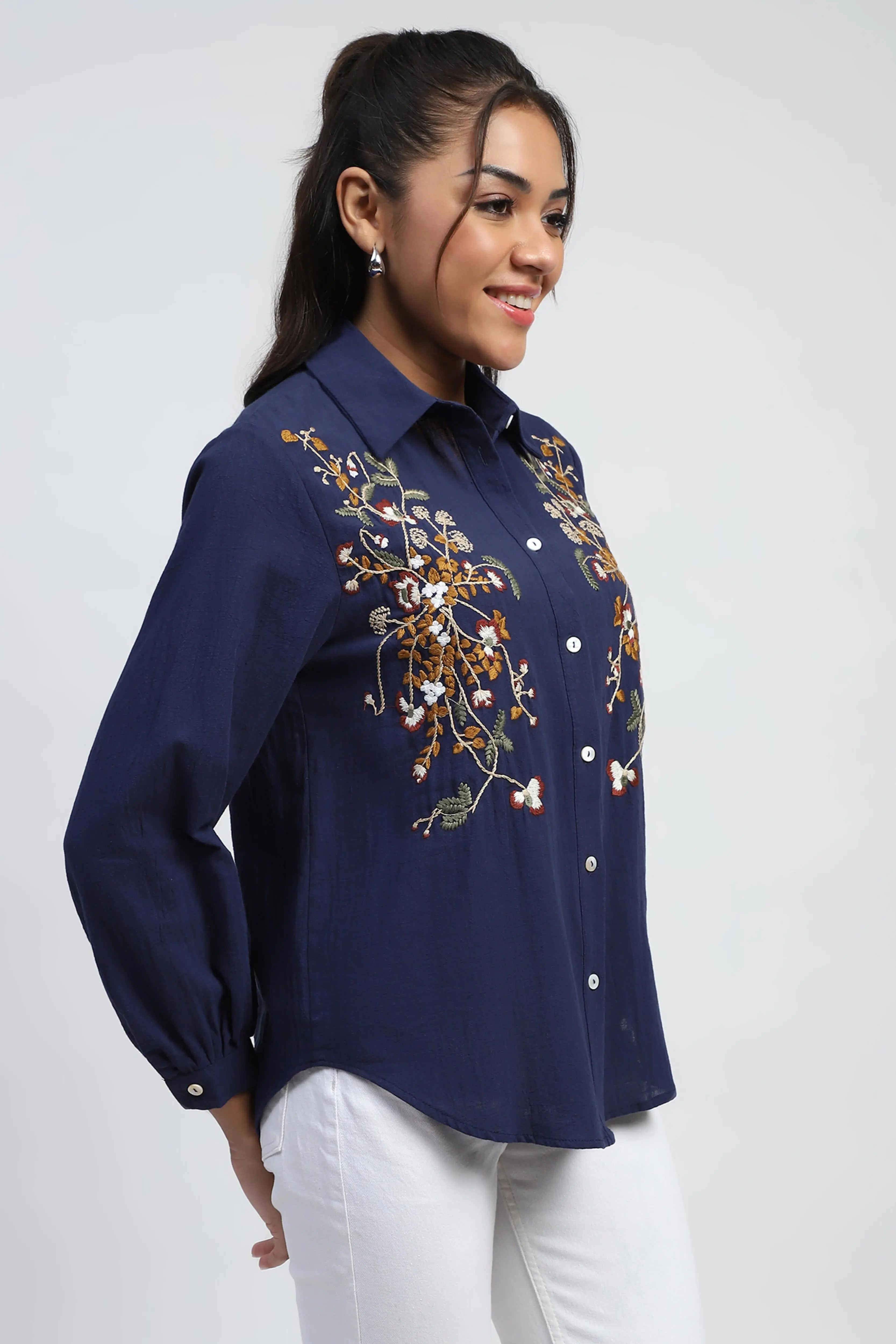 Navy Floral Embroidered Cotton Shirt - Global Republic