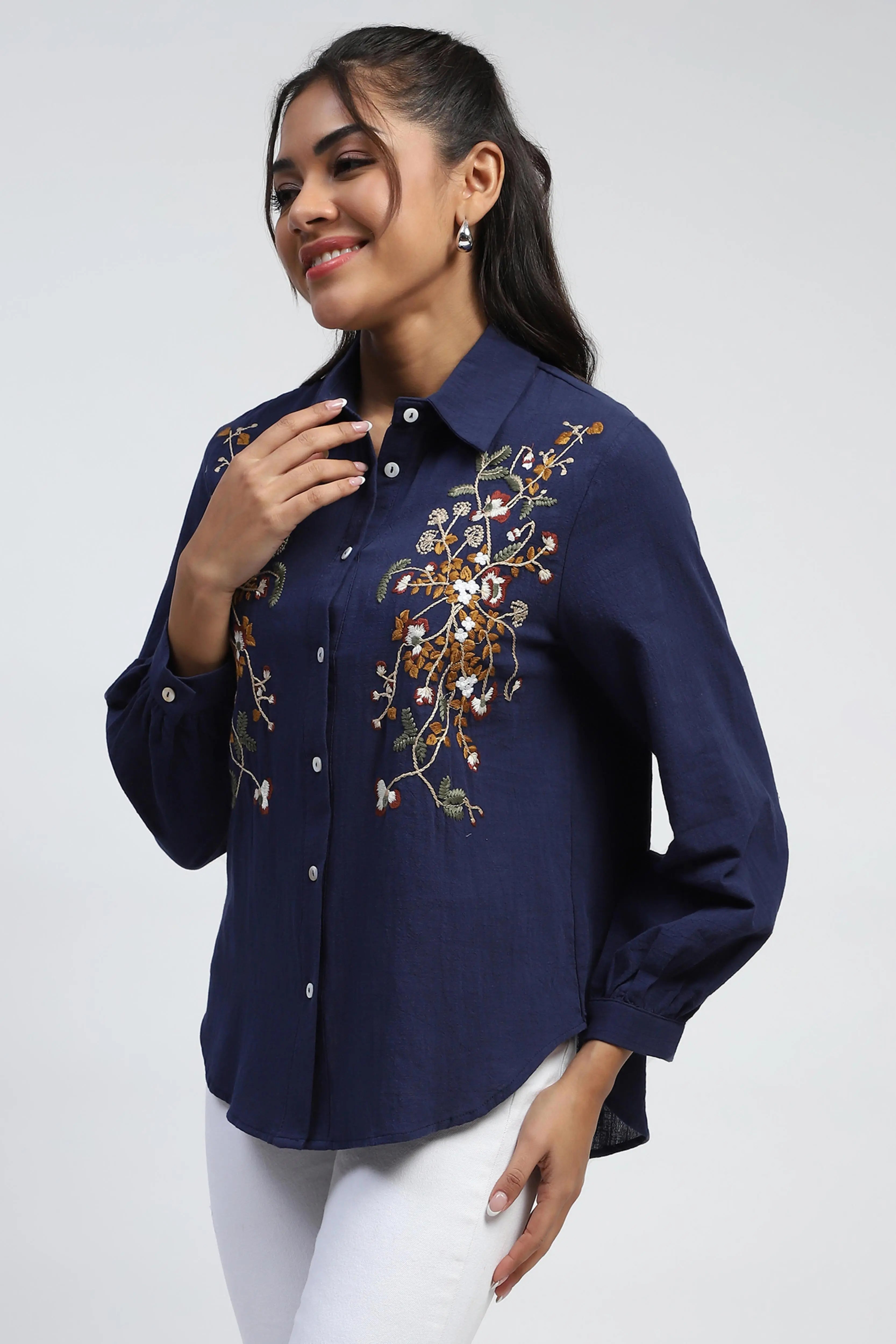 Navy Floral Embroidered Cotton Shirt - Global Republic
