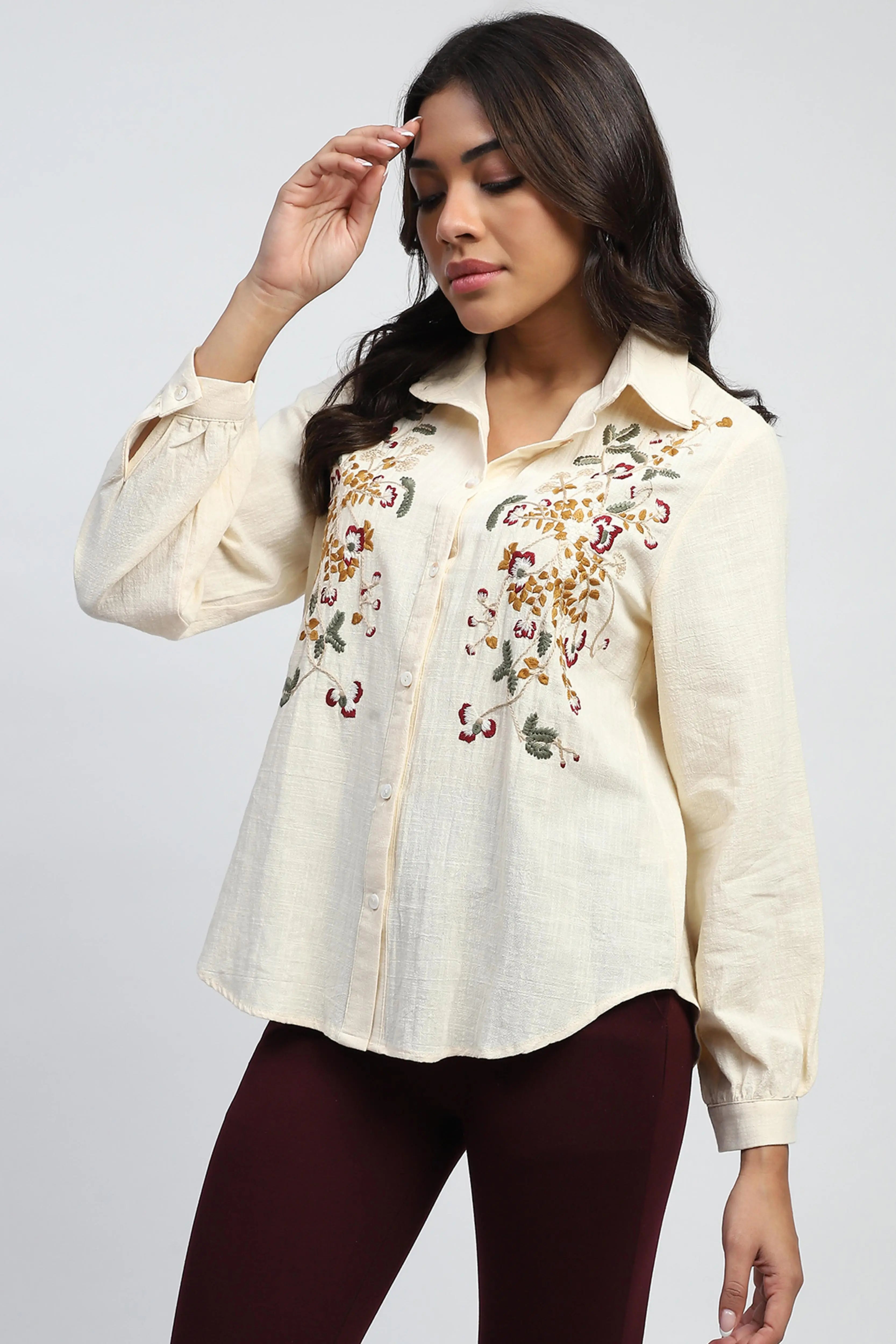 Cream Floral Embroidered Cotton Shirt - Global Republic