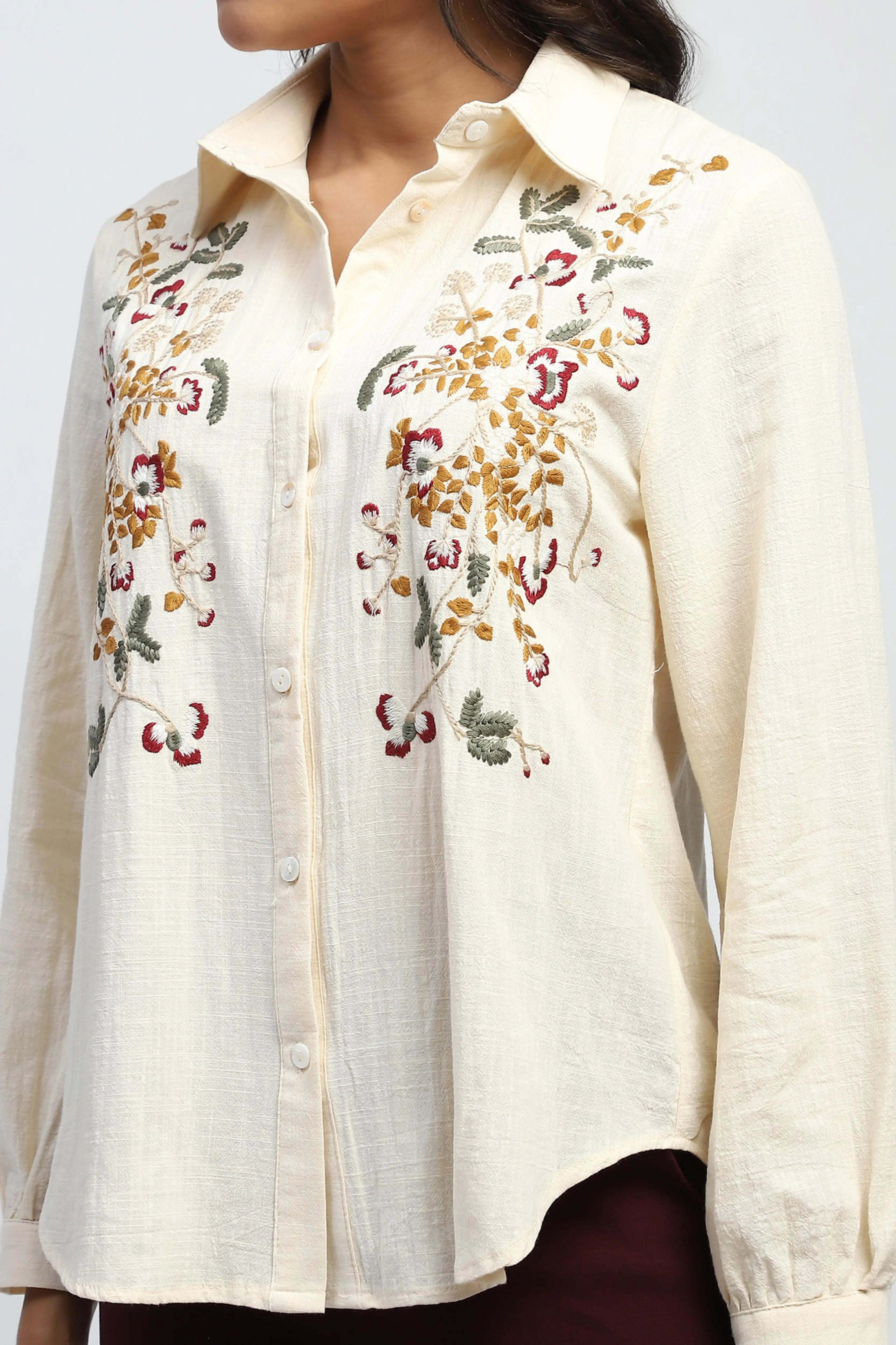 Cream Floral Embroidered Cotton Shirt - Global Republic