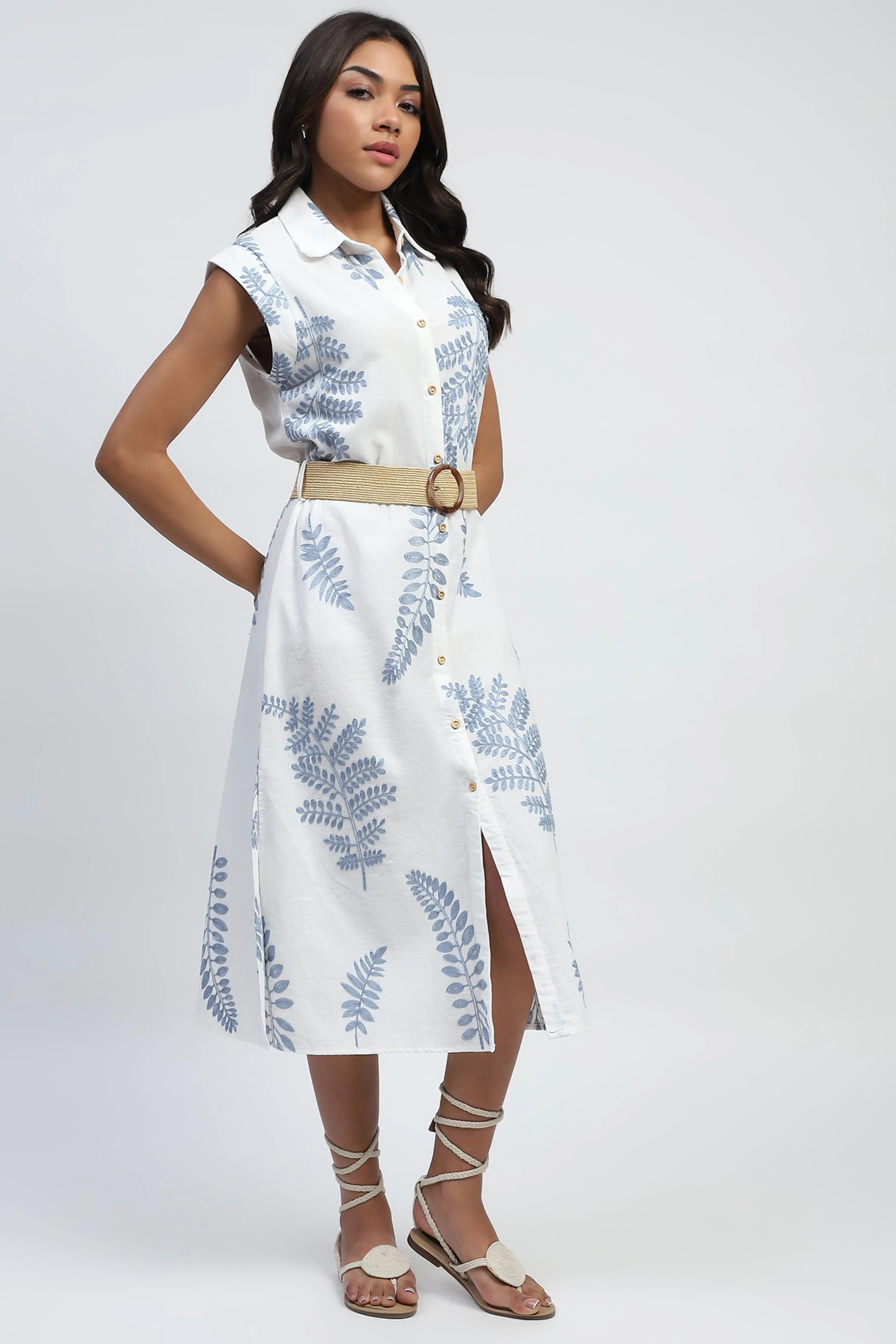 White Embroidered Cotton Midi Dress - Global Republic