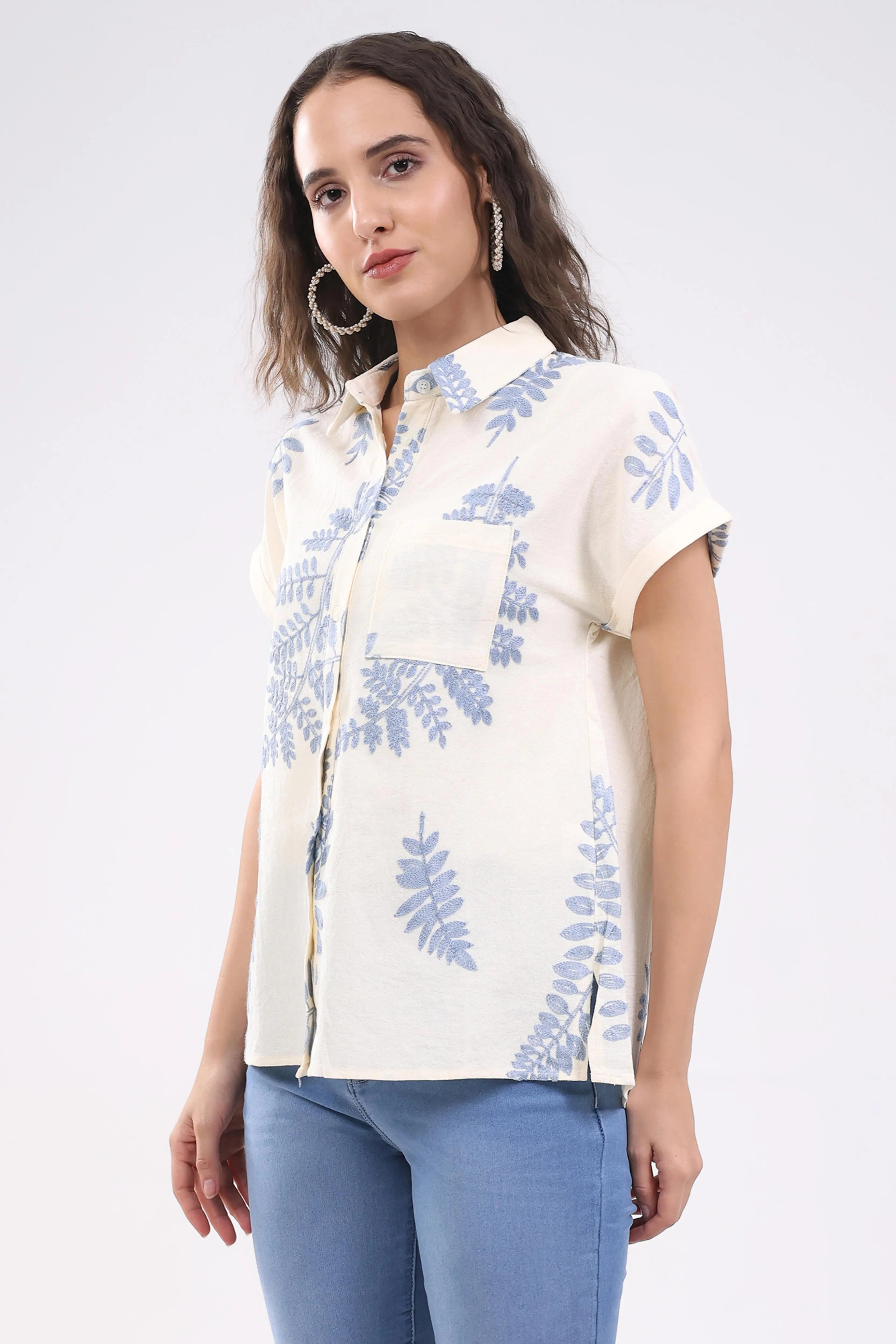 Cream Thread Embroidered Cotton Shirt - Global Republic