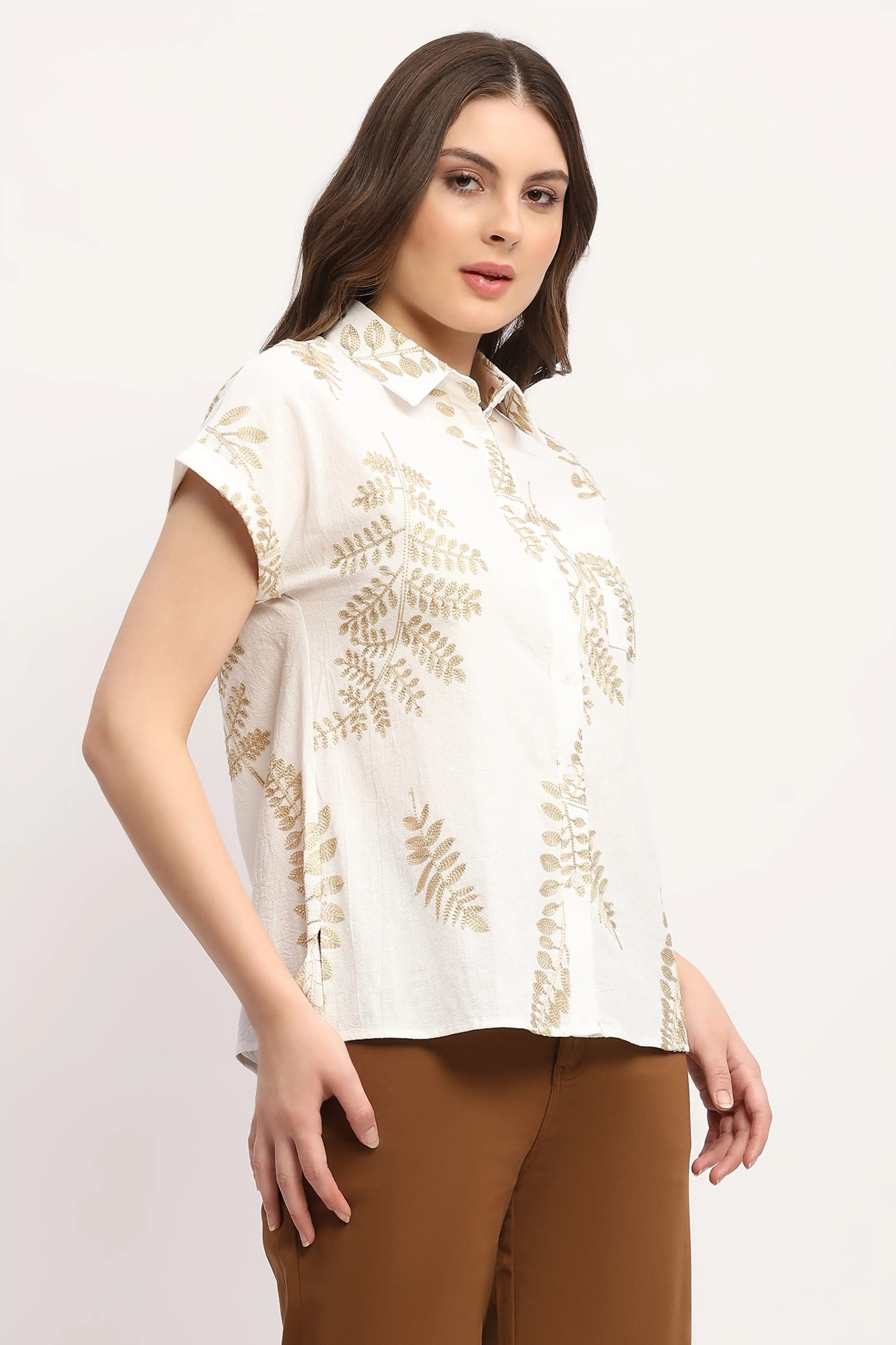 Beige Embroidered Boxy Shirt - Global Republic