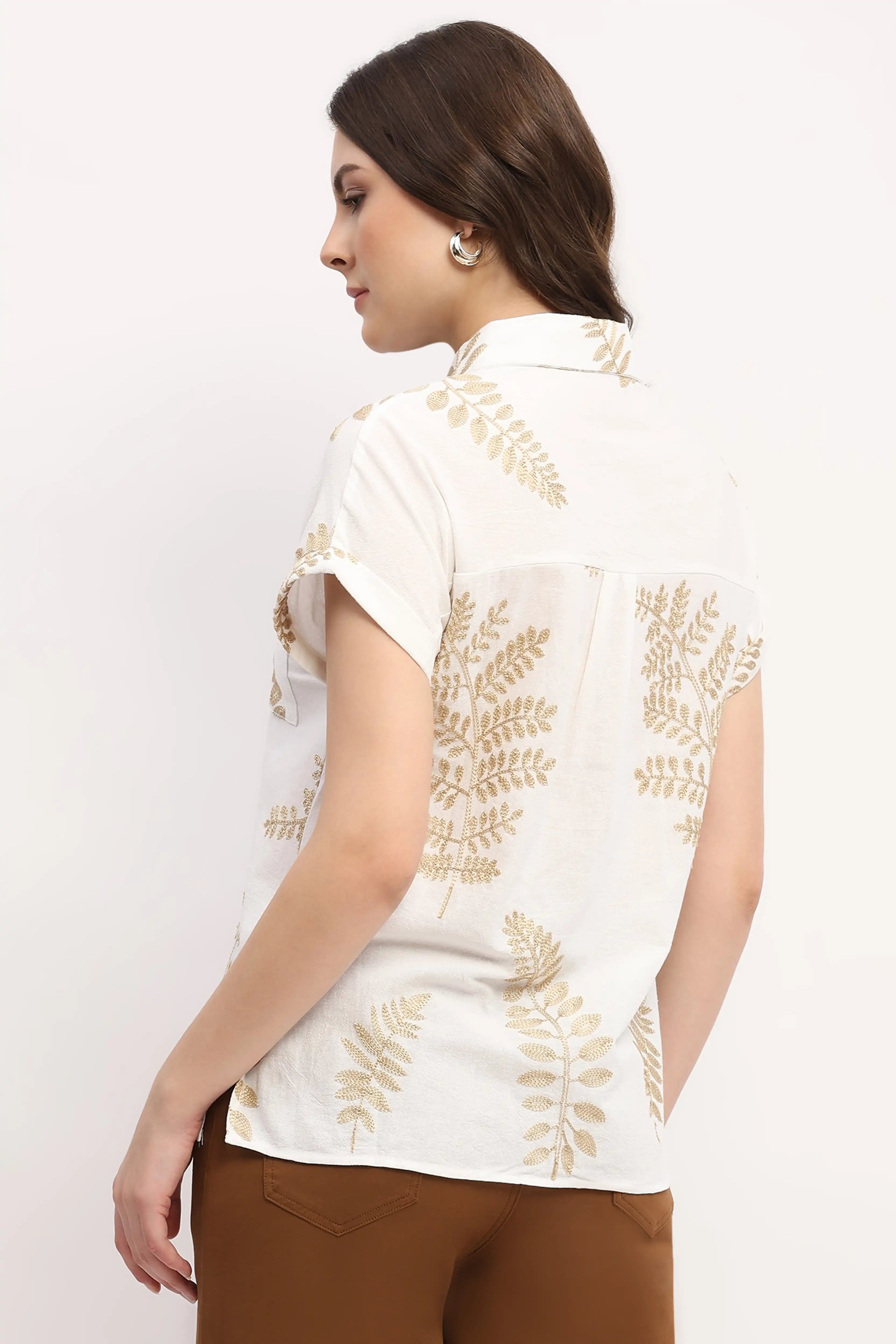 Beige Embroidered Boxy Shirt - Global Republic