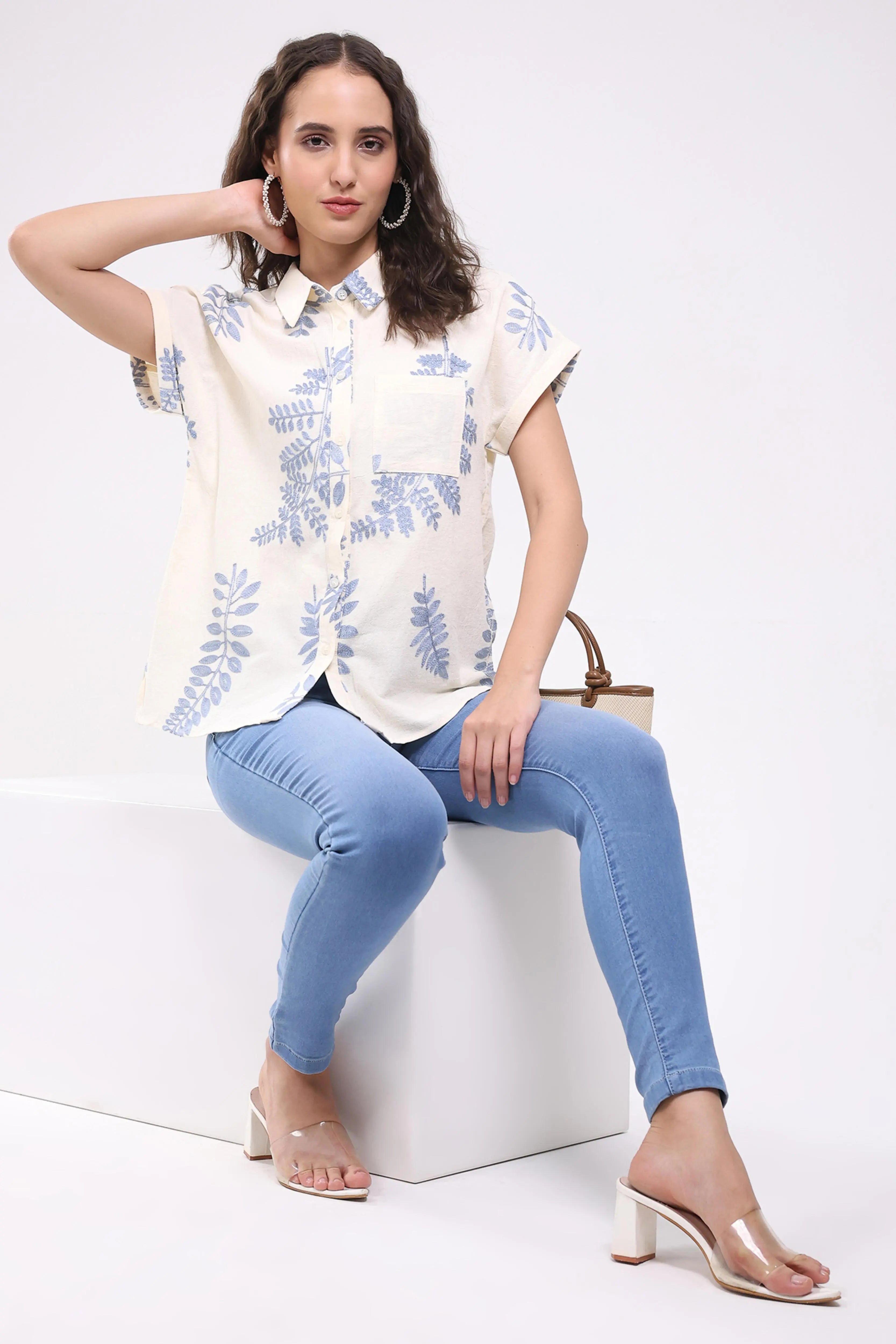 Cream Thread Embroidered Cotton Shirt - Global Republic