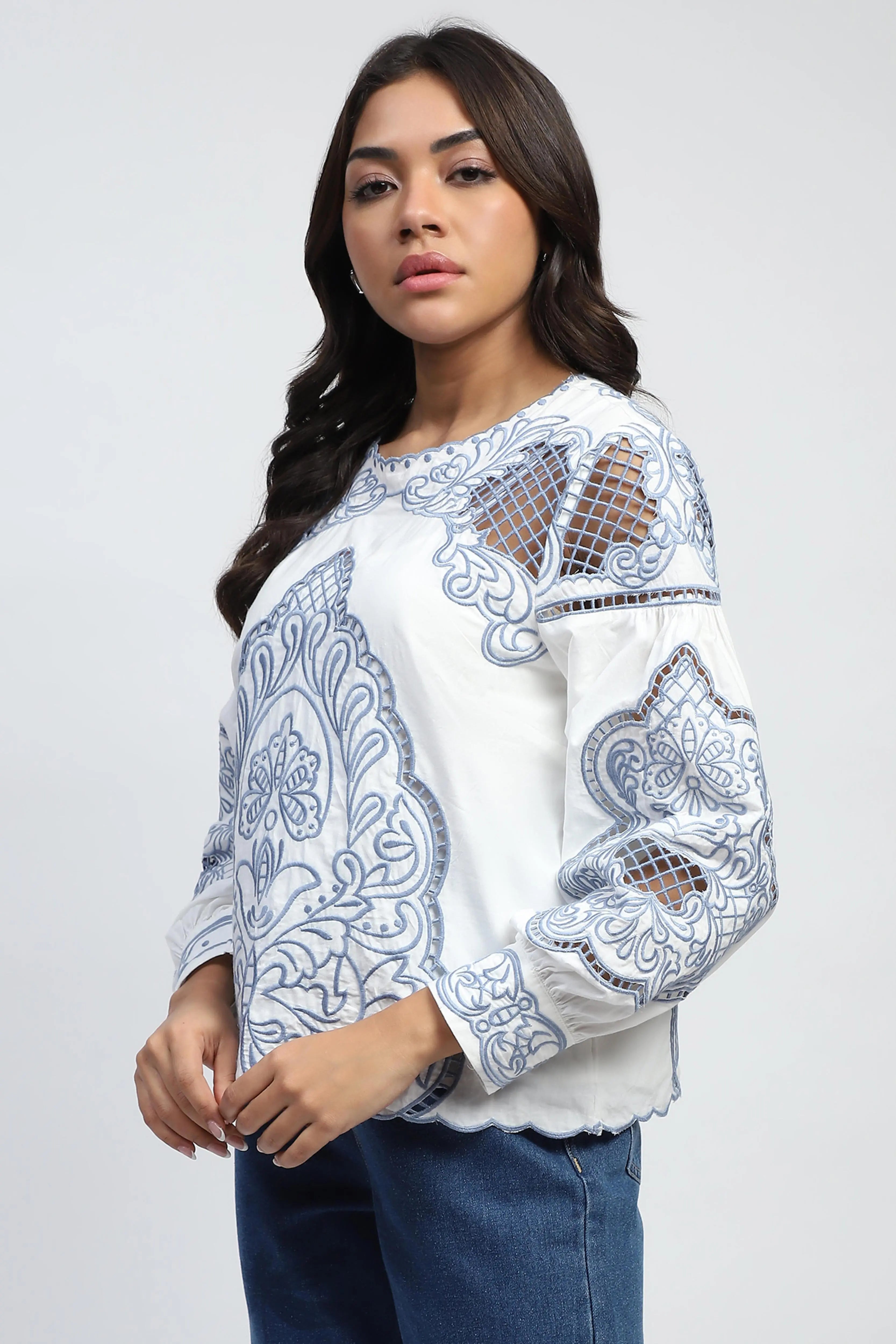 White Cut Work Embroidered Top - Global Republic
