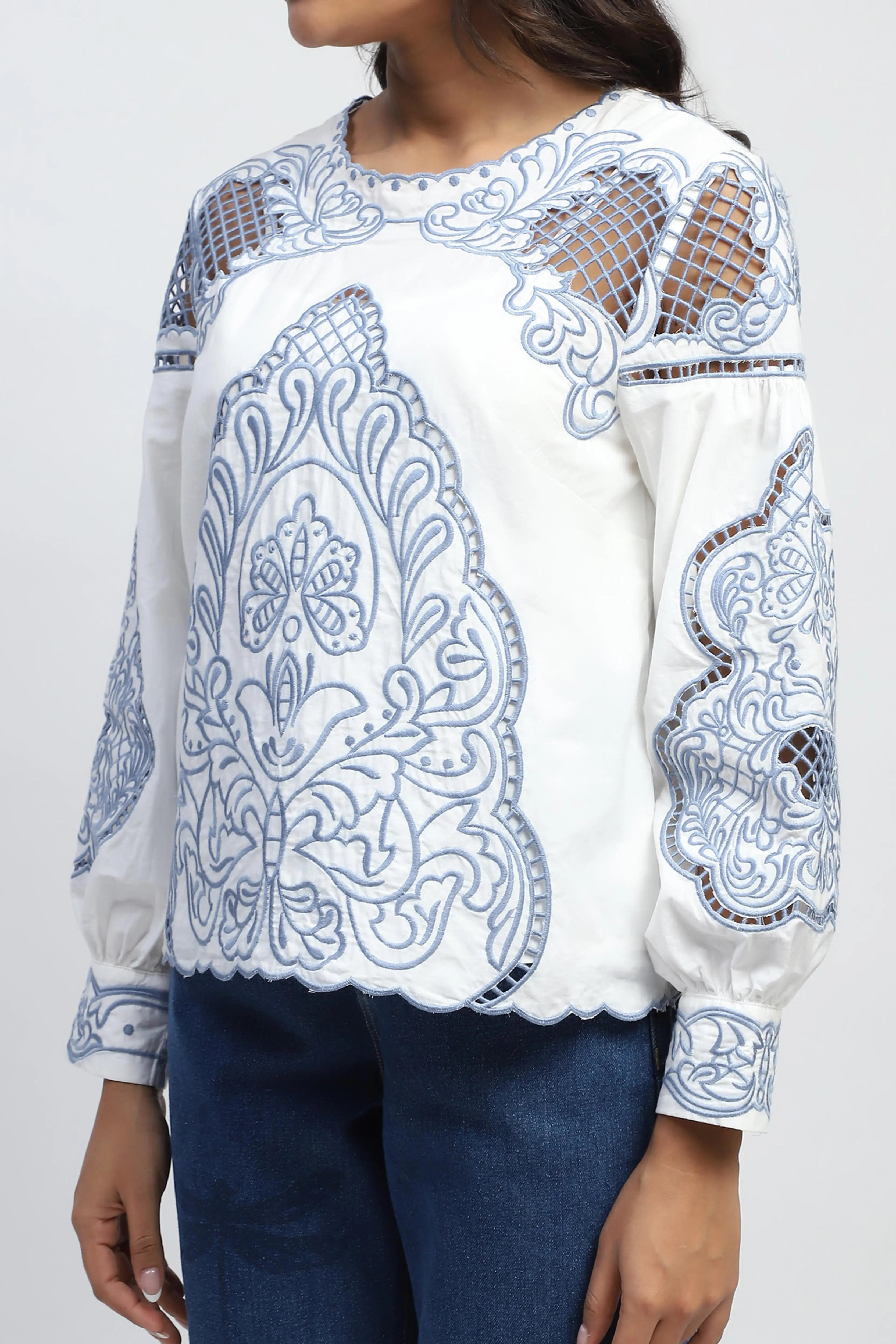 White Cut Work Embroidered Top - Global Republic