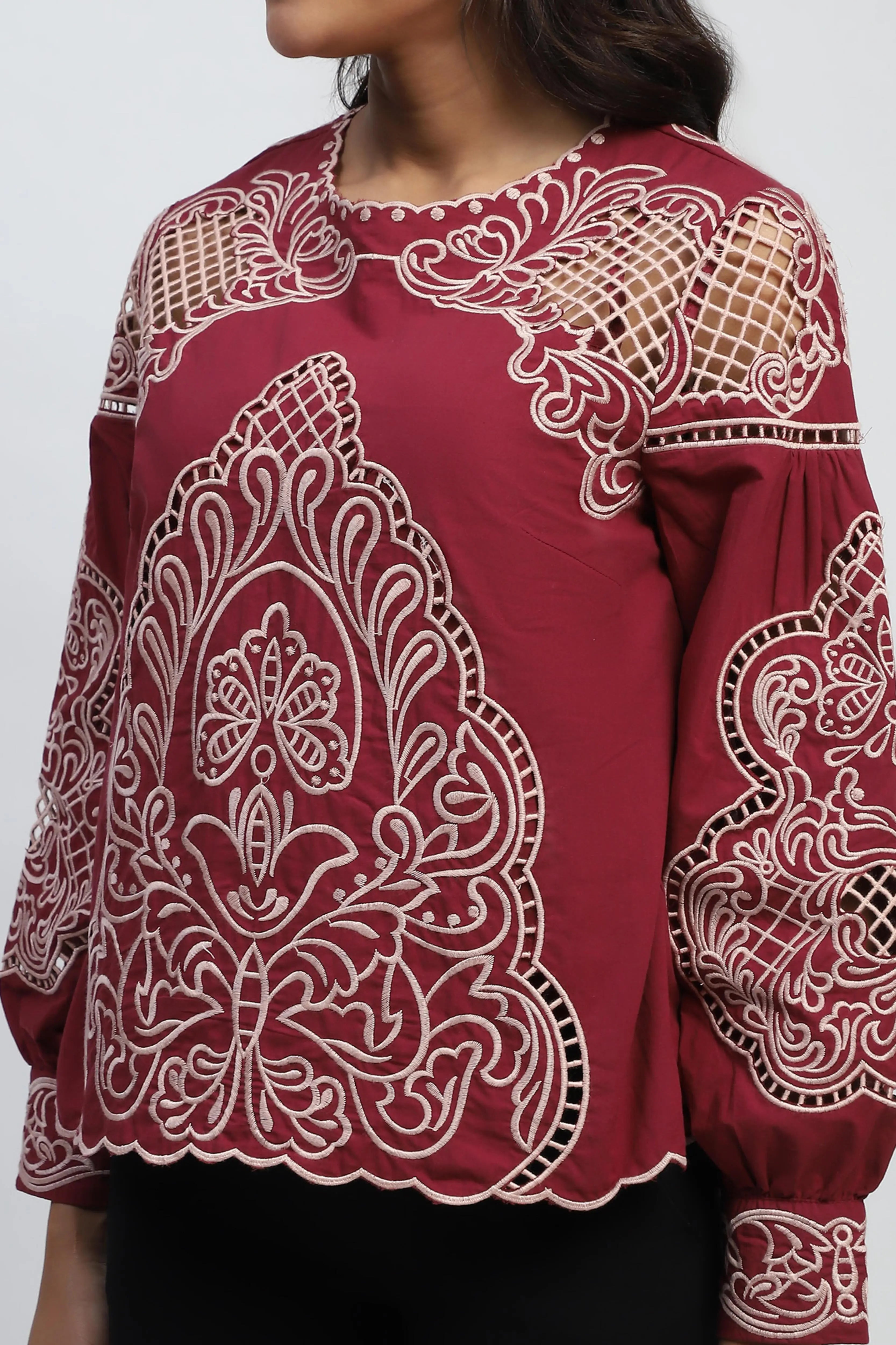 Wine Cut Work Embroidered Top - Global Republic