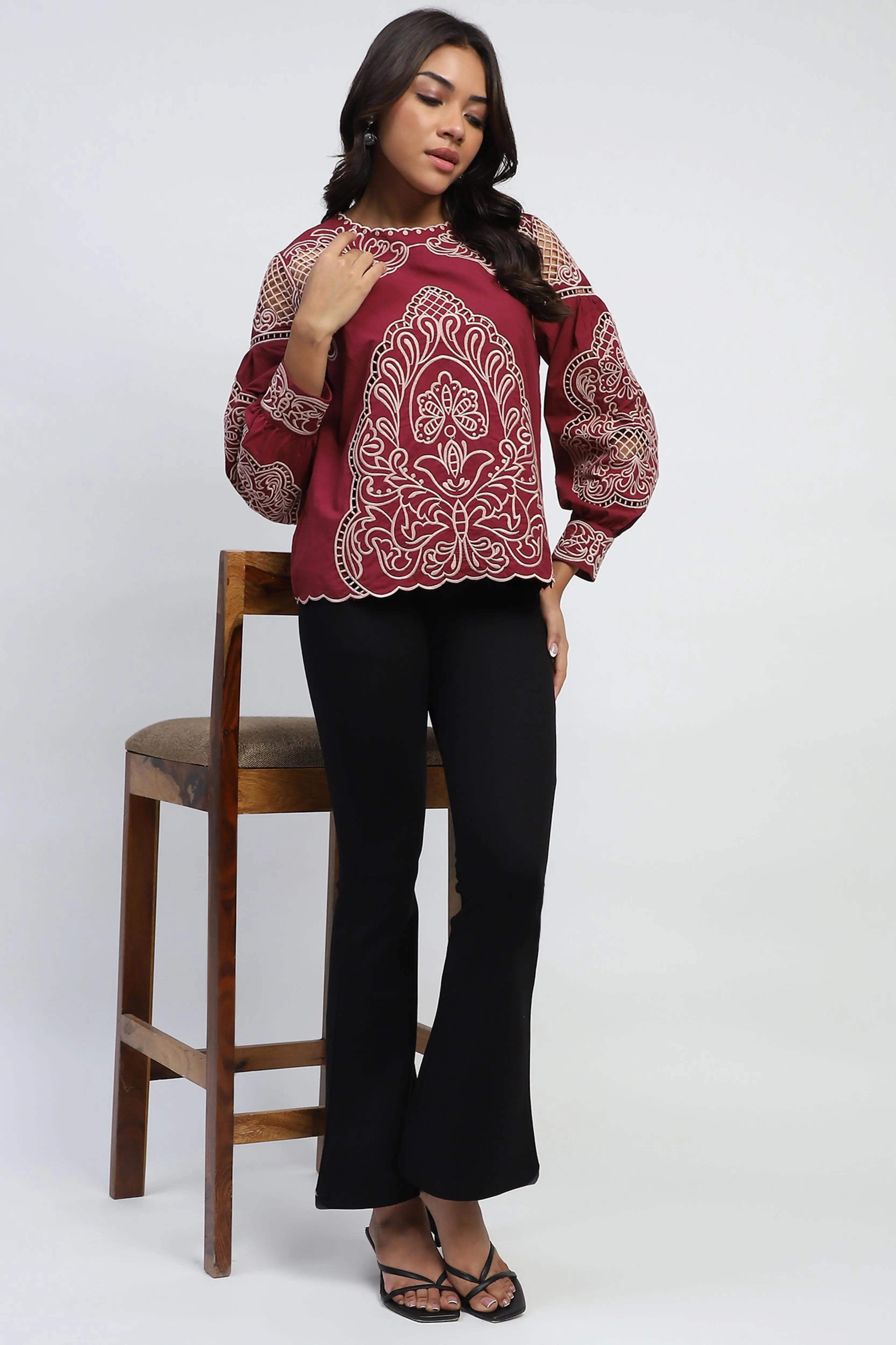 Wine Cut Work Embroidered Top - Global Republic