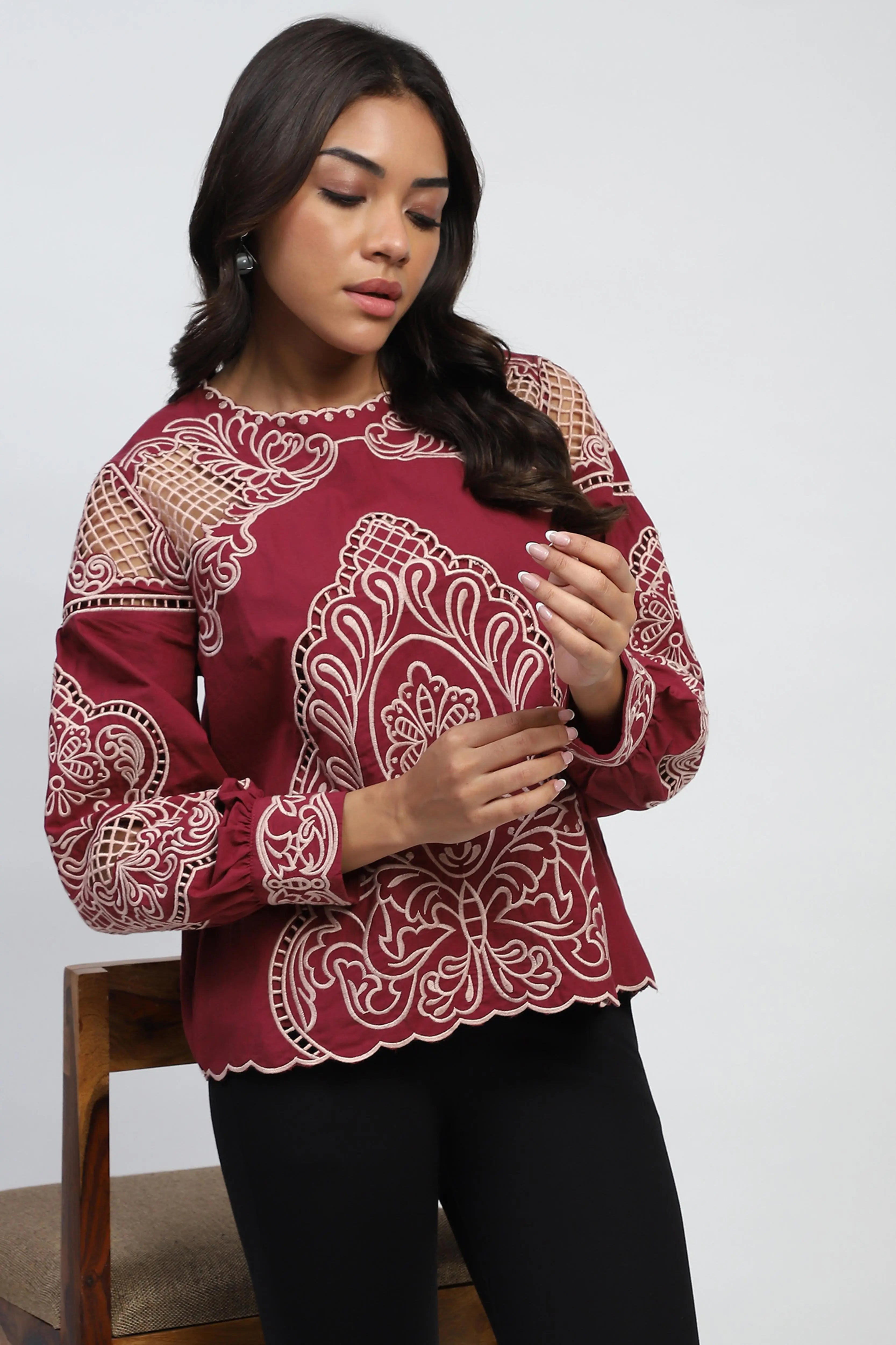 Wine Cut Work Embroidered Top - Global Republic