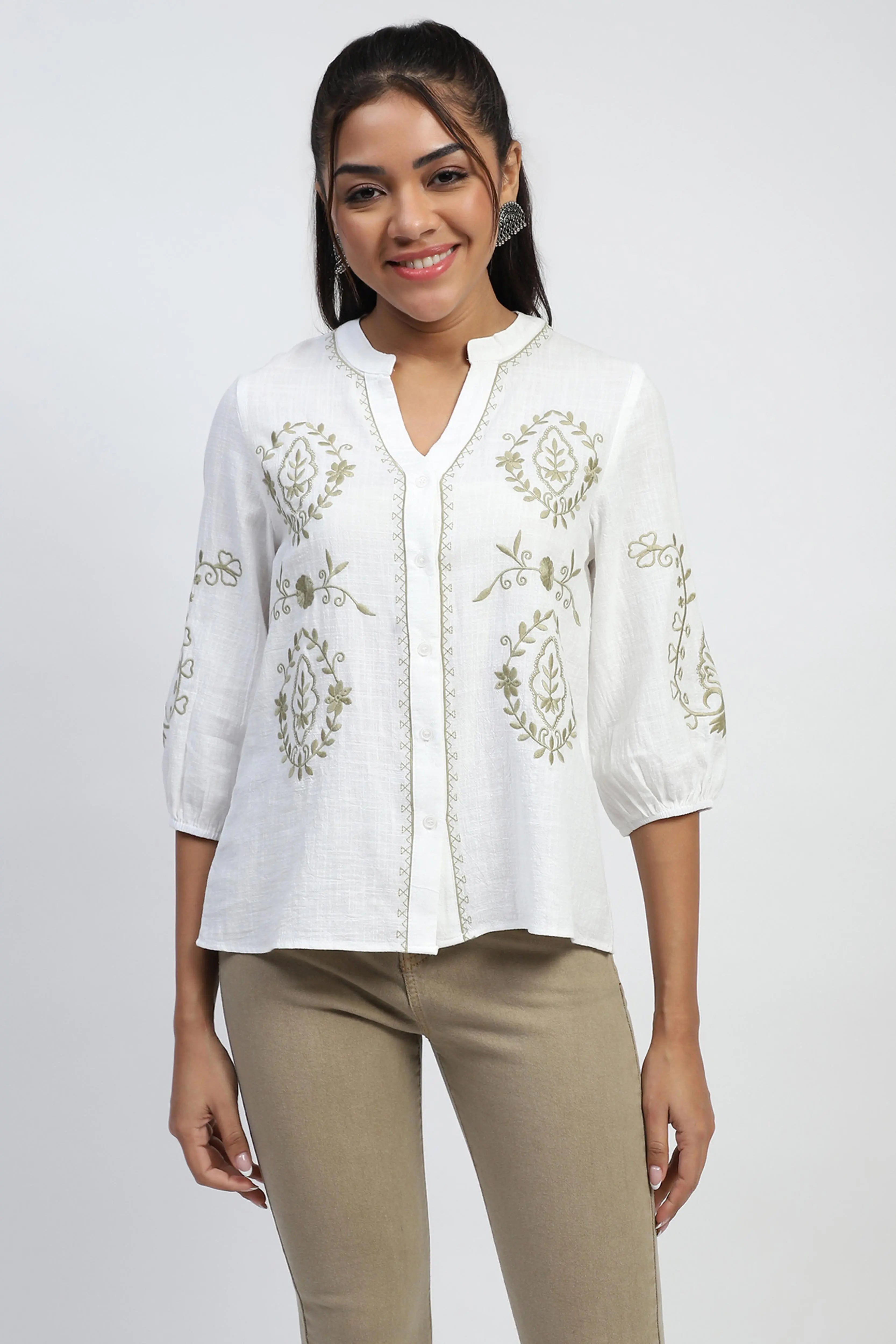 Embroidered Cotton White Shirt - Global Republic