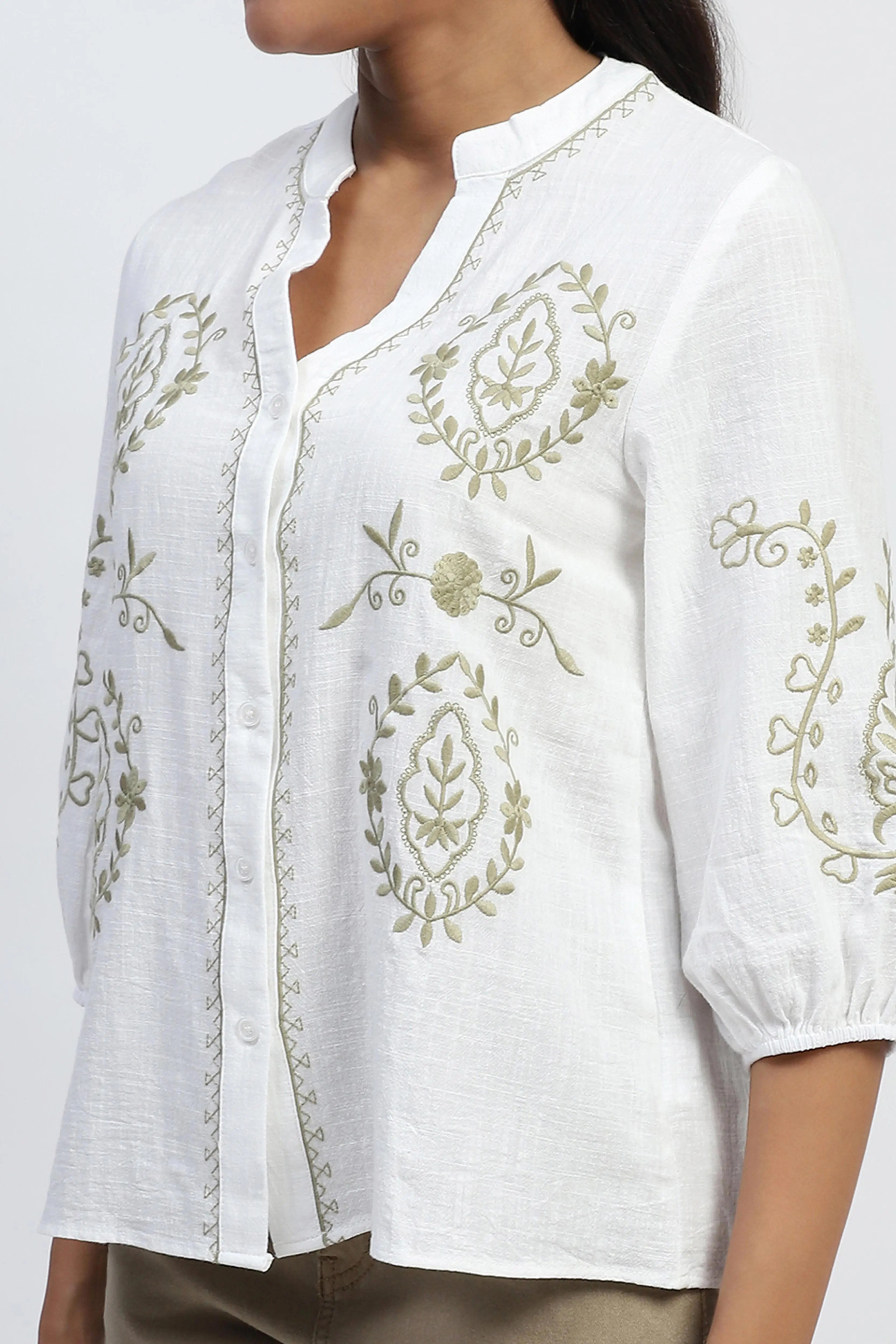 Embroidered Cotton White Shirt - Global Republic
