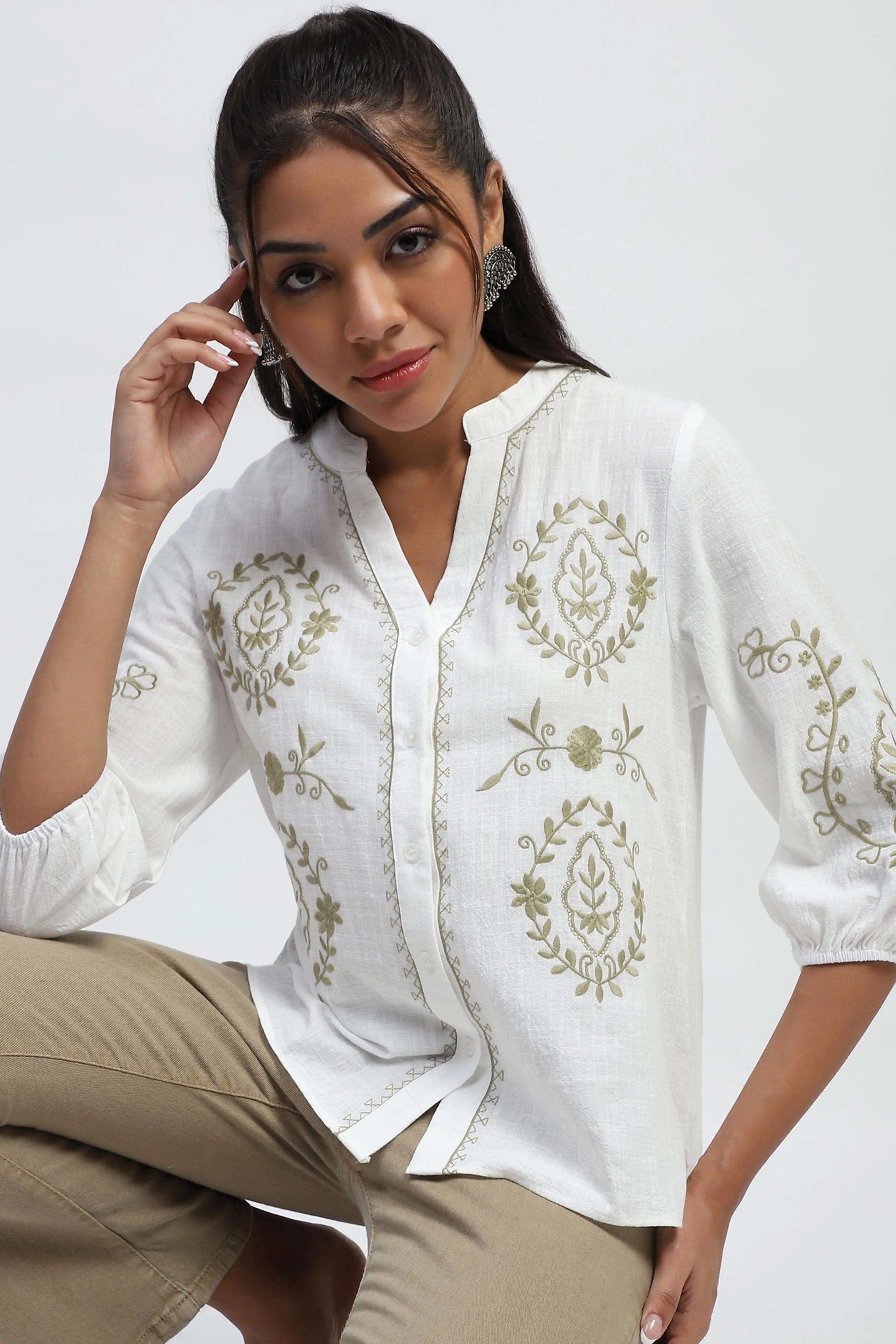 Embroidered Cotton White Shirt - Global Republic