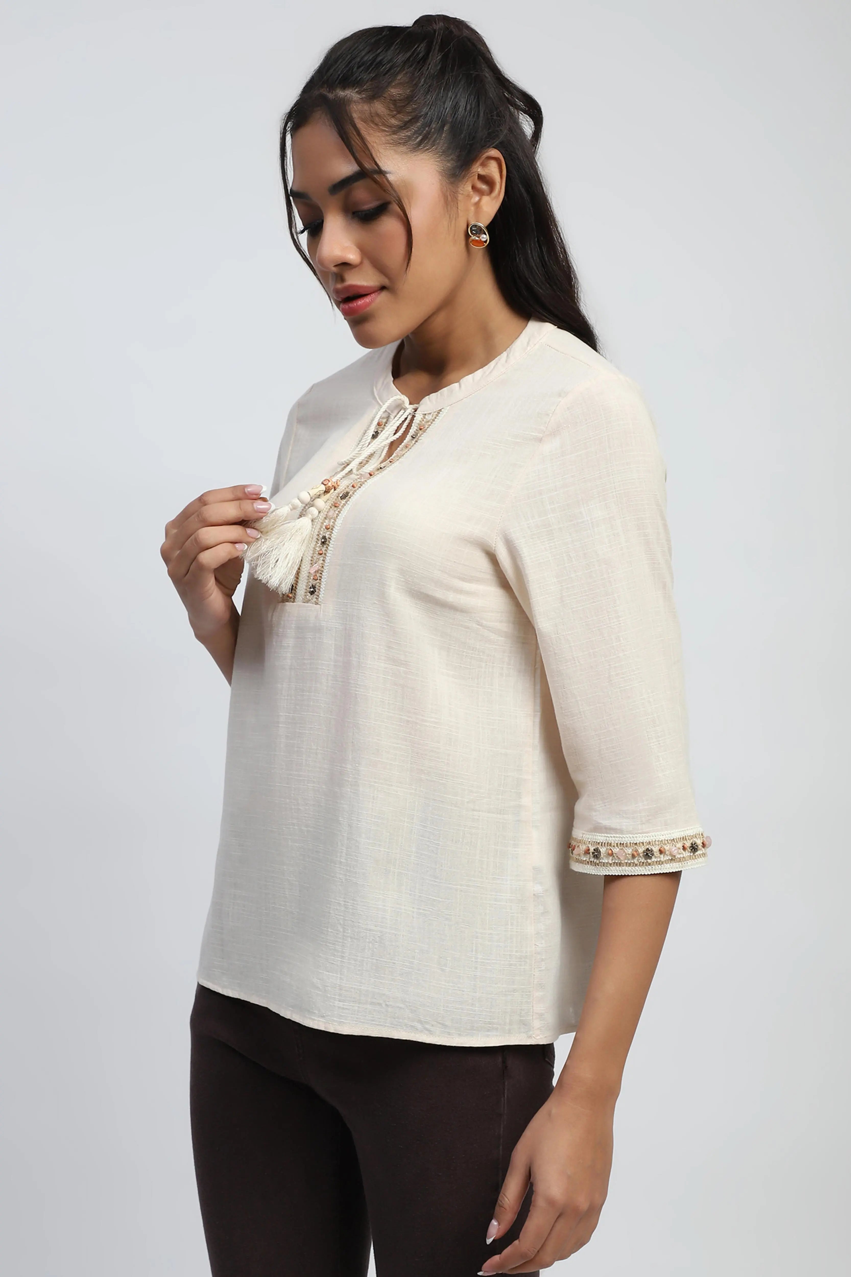 Cream Cotton Embroidered Top - Global Republic