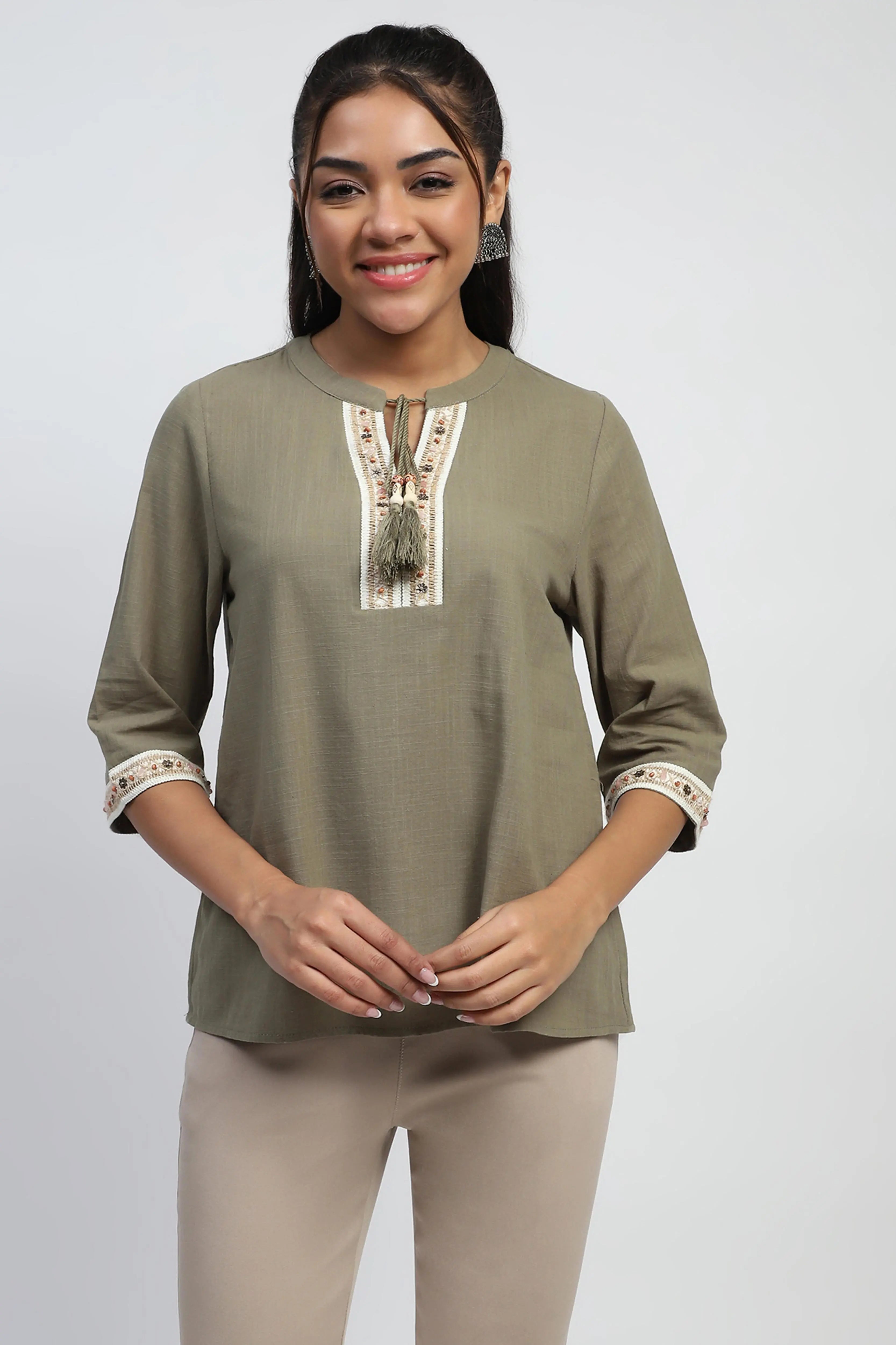 Olive Embroidered Cotton Top - Global Republic