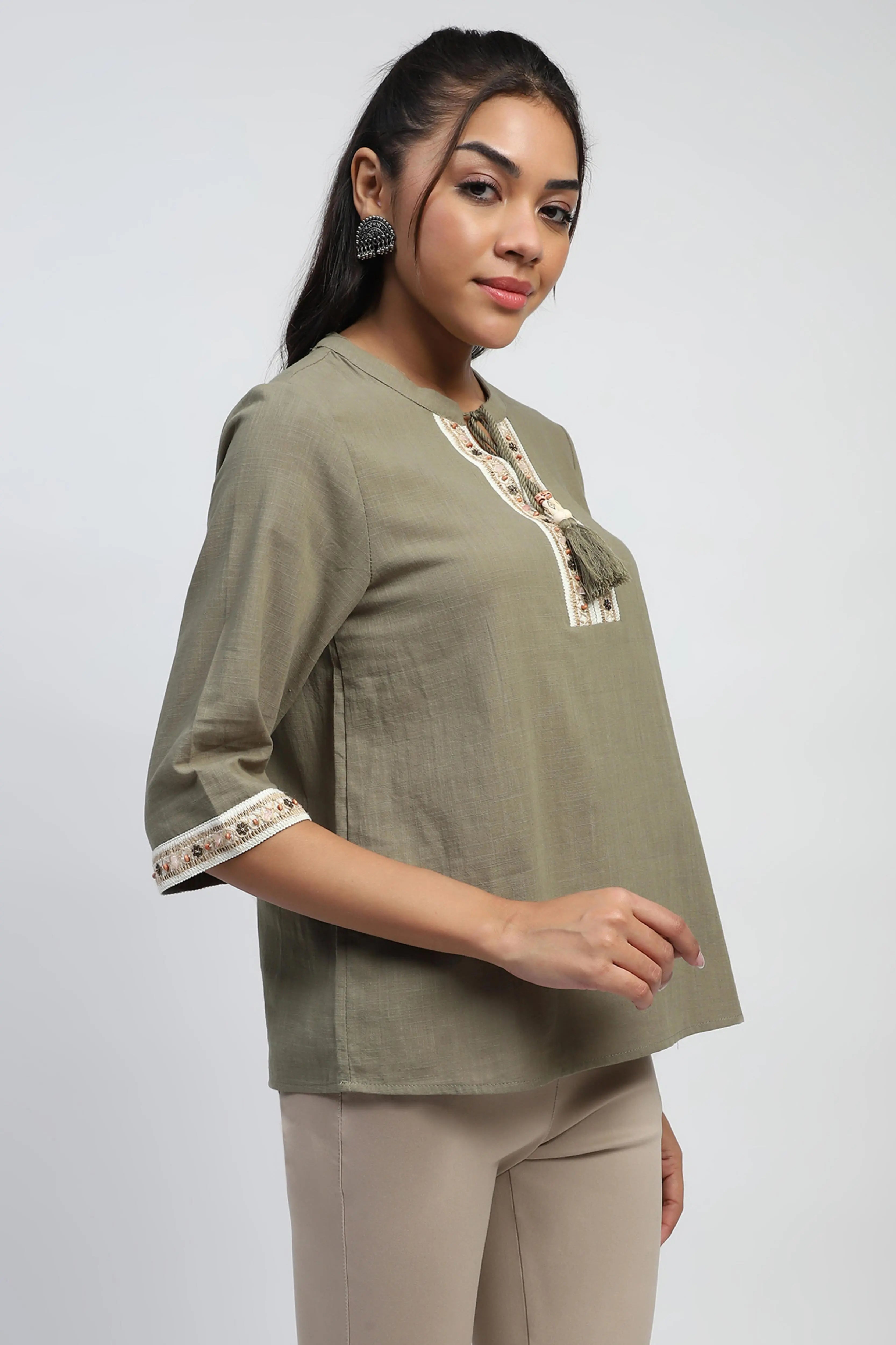 Olive Embroidered Cotton Top - Global Republic