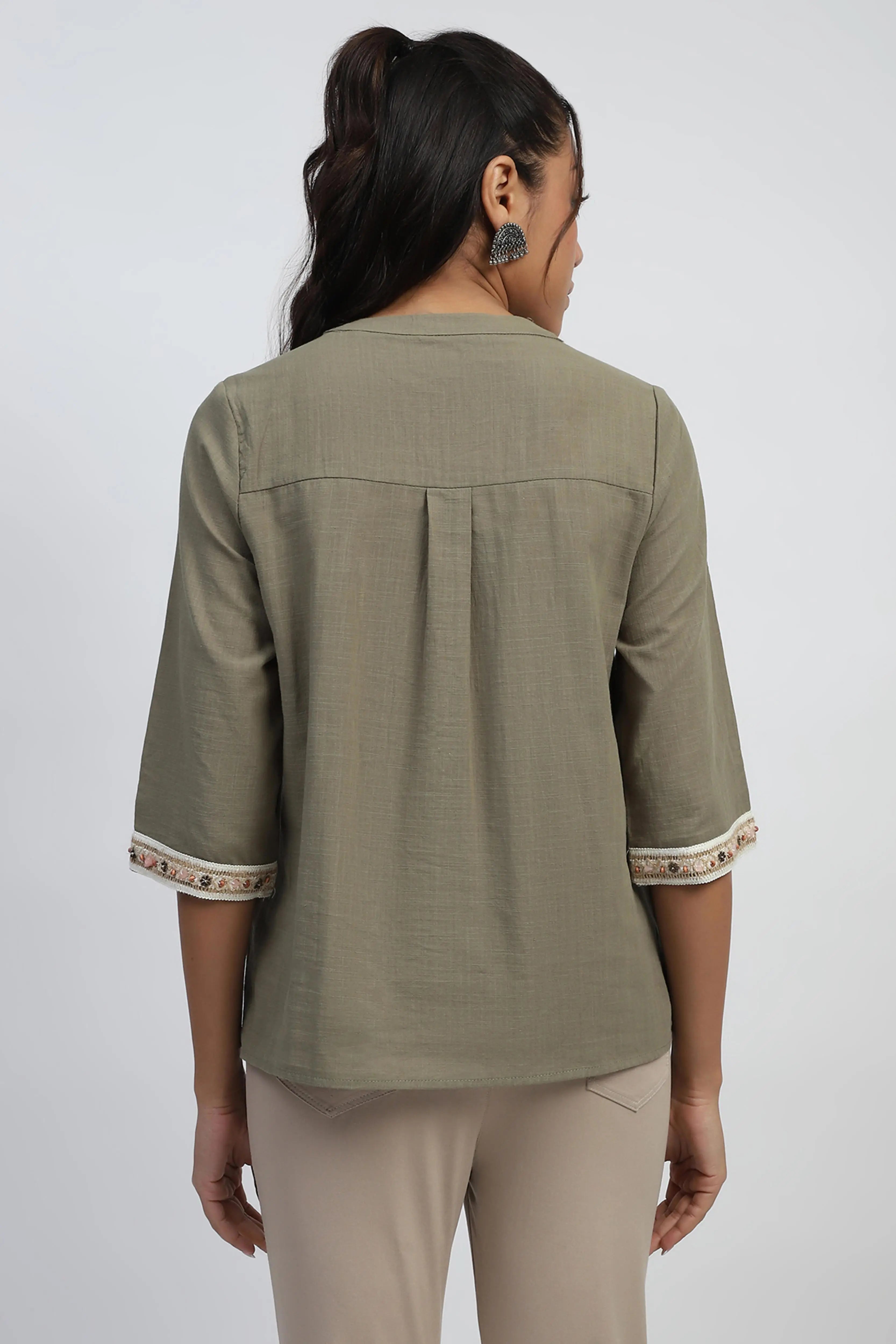 Olive Embroidered Cotton Top - Global Republic