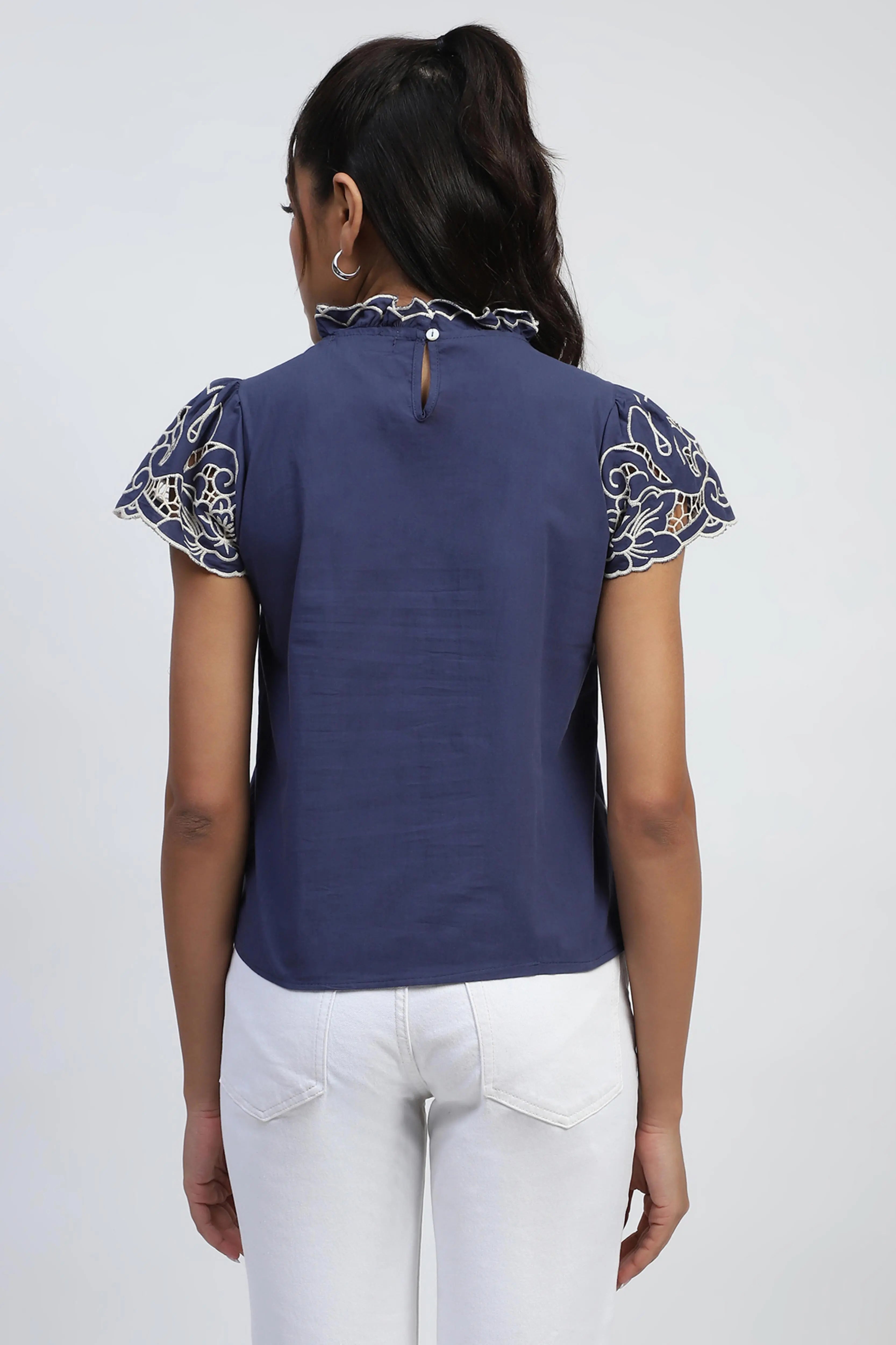 Navy Cut Work Embroidered Cotton Top - Global Republic