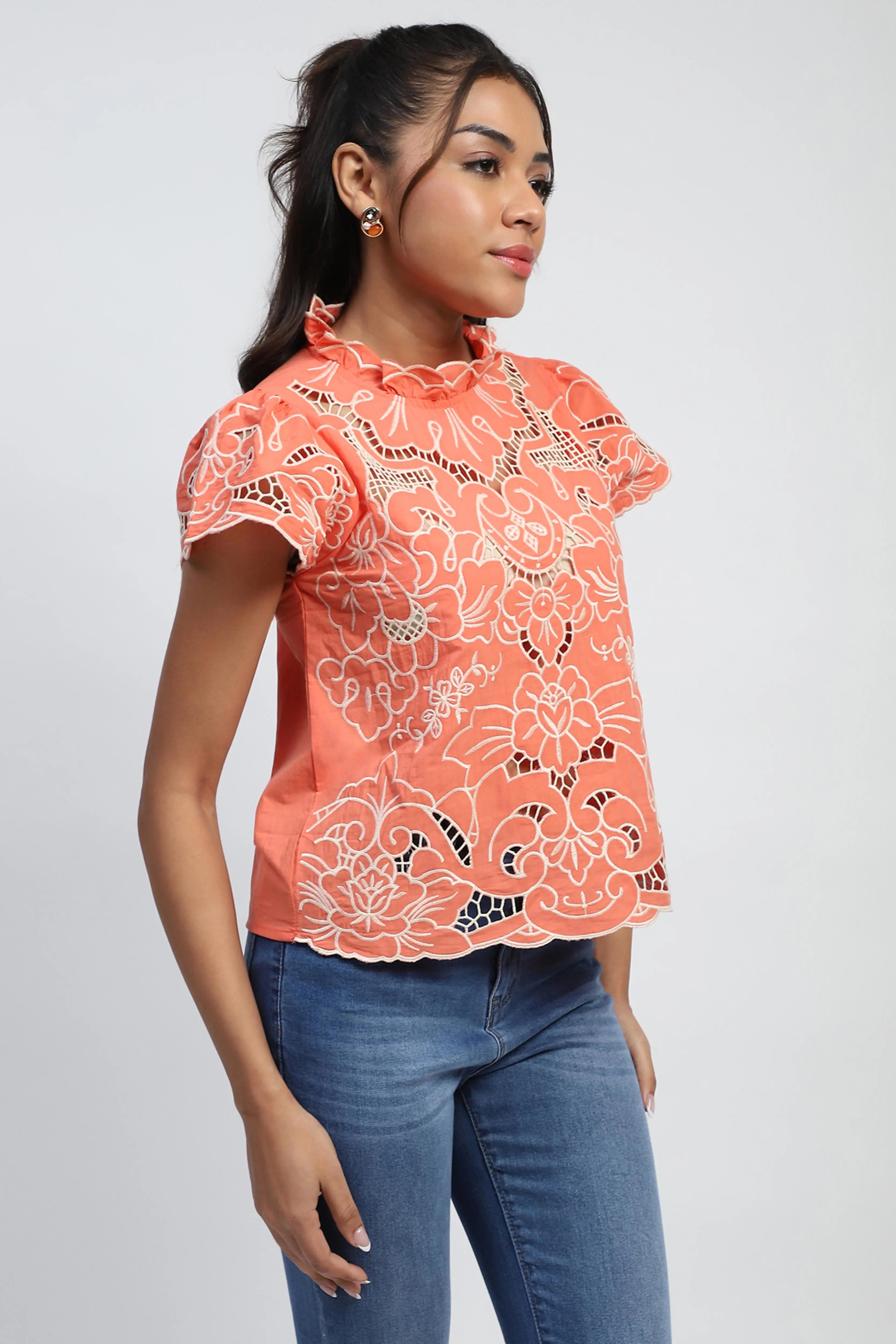 Peach Cut Work Embroidered Top - Global Republic