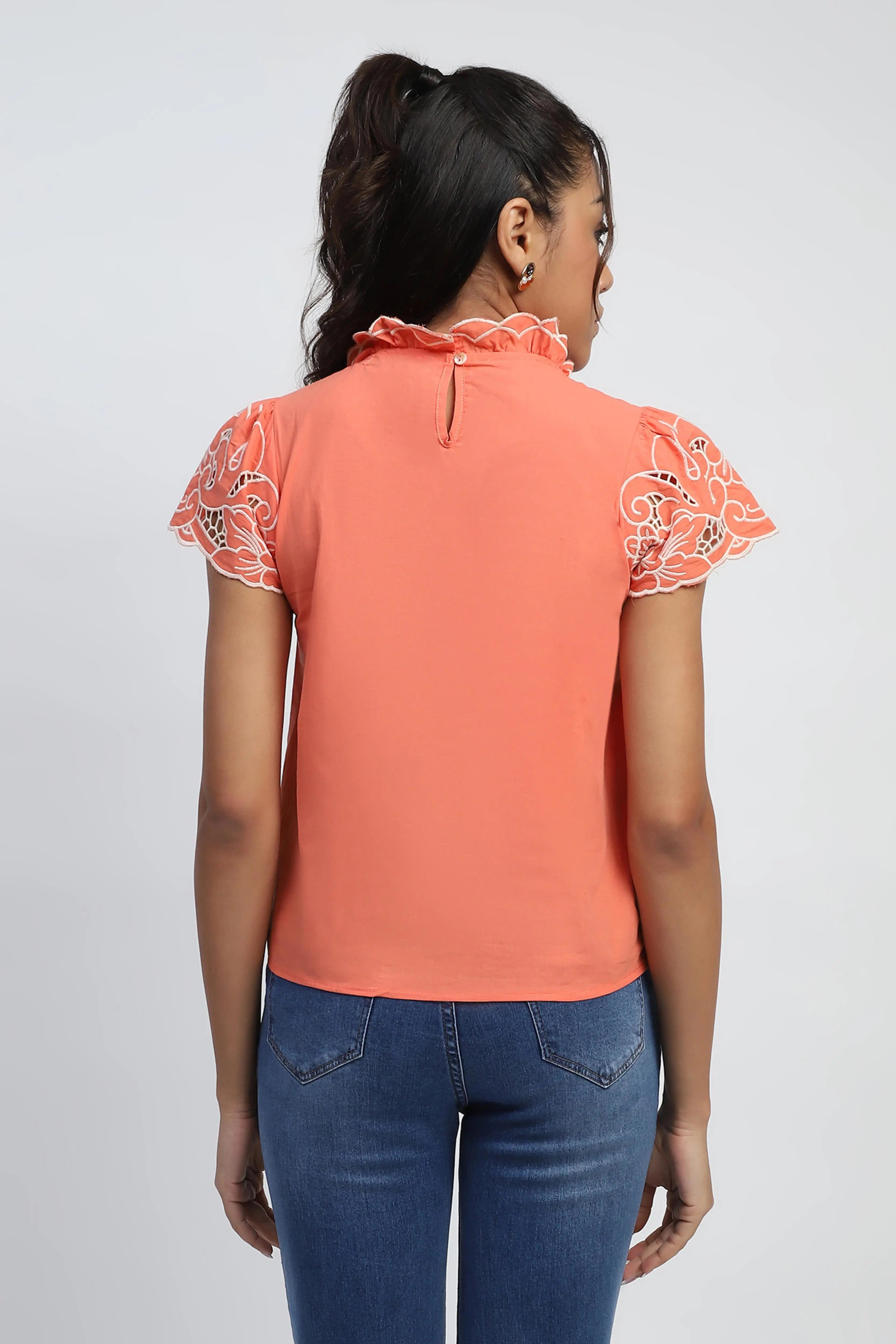 Peach Cut Work Embroidered Top - Global Republic