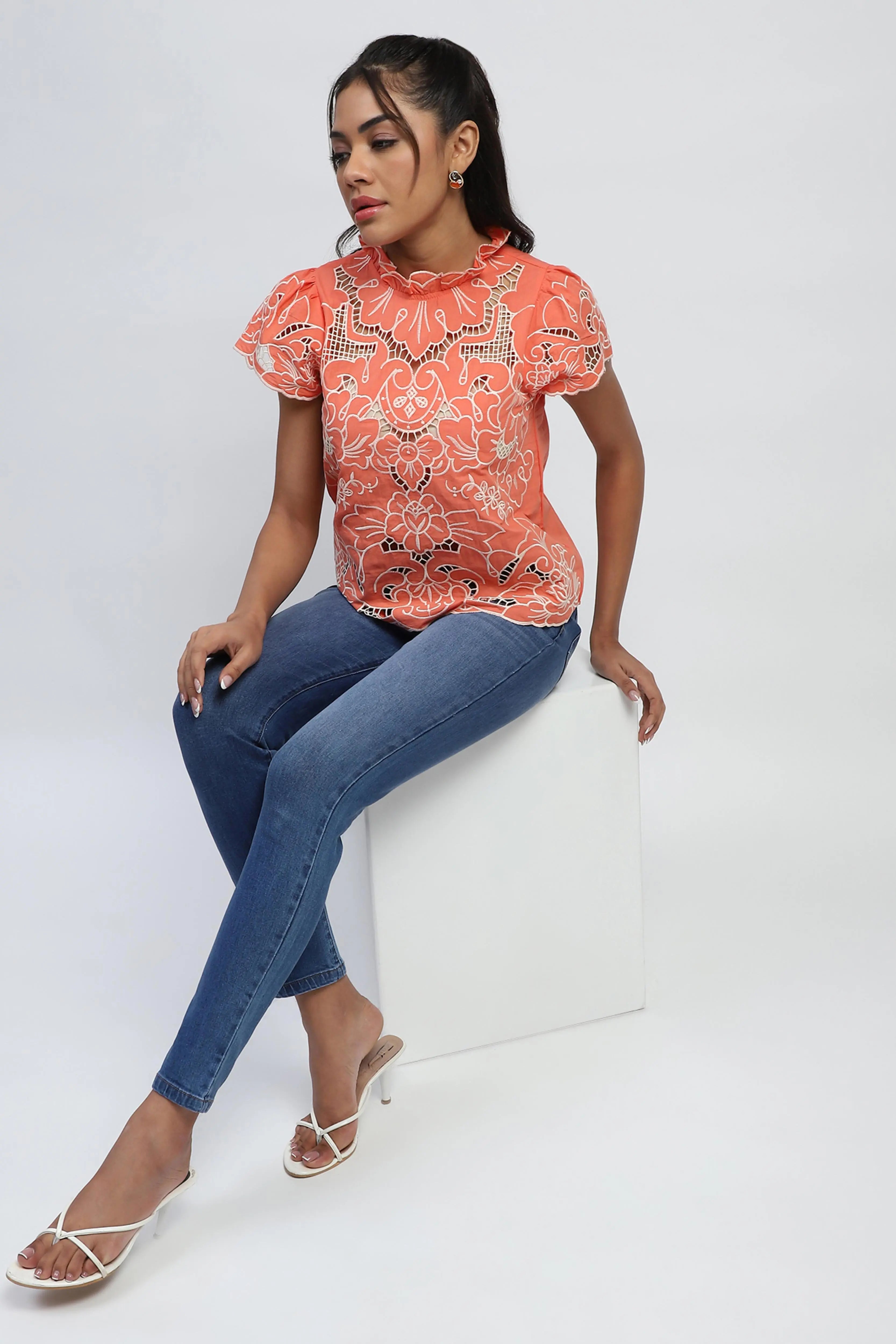Peach Cut Work Embroidered Top - Global Republic