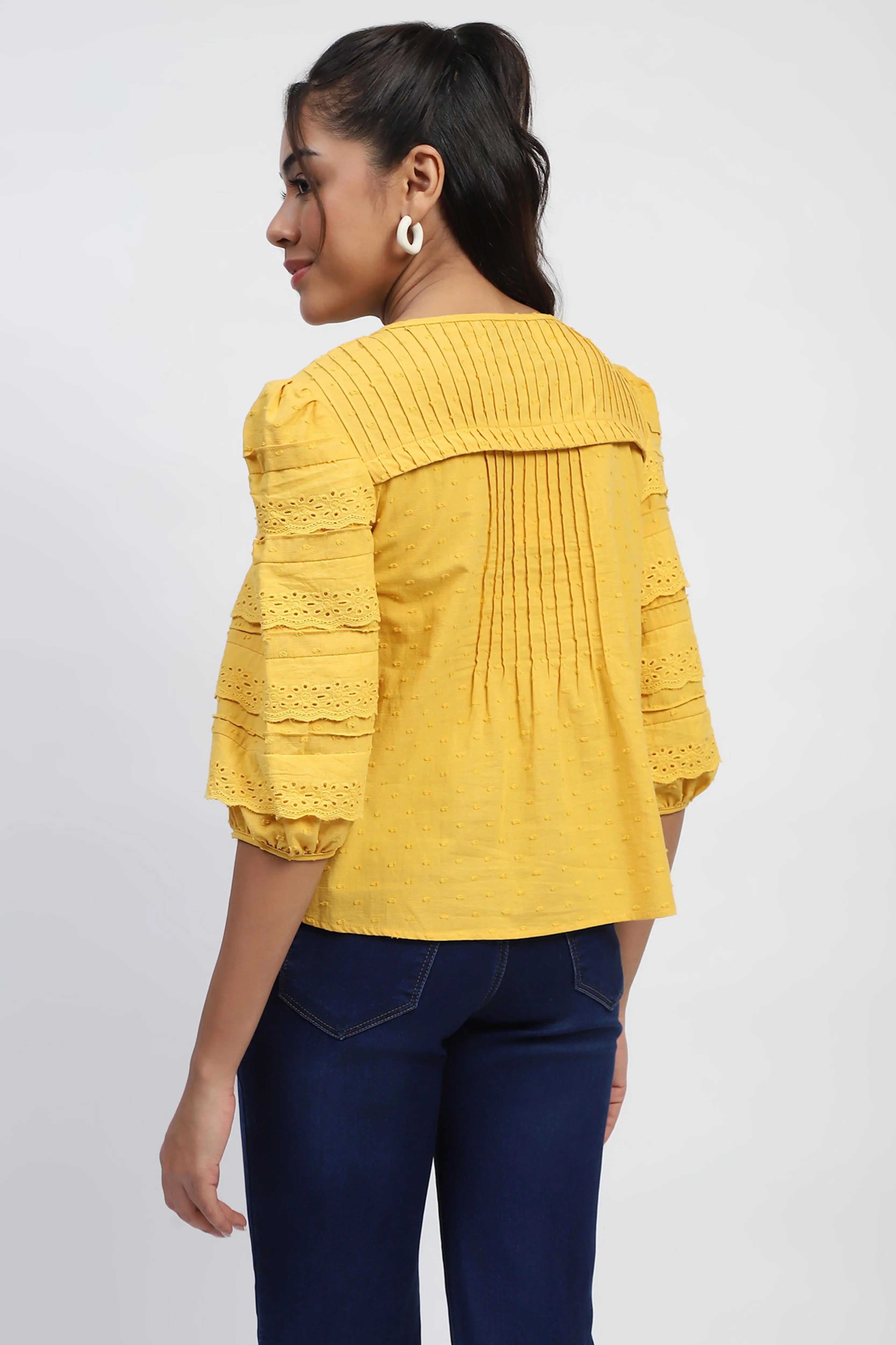 Mustard Dobby Cotton Regular Fit Blouse - Global Republic