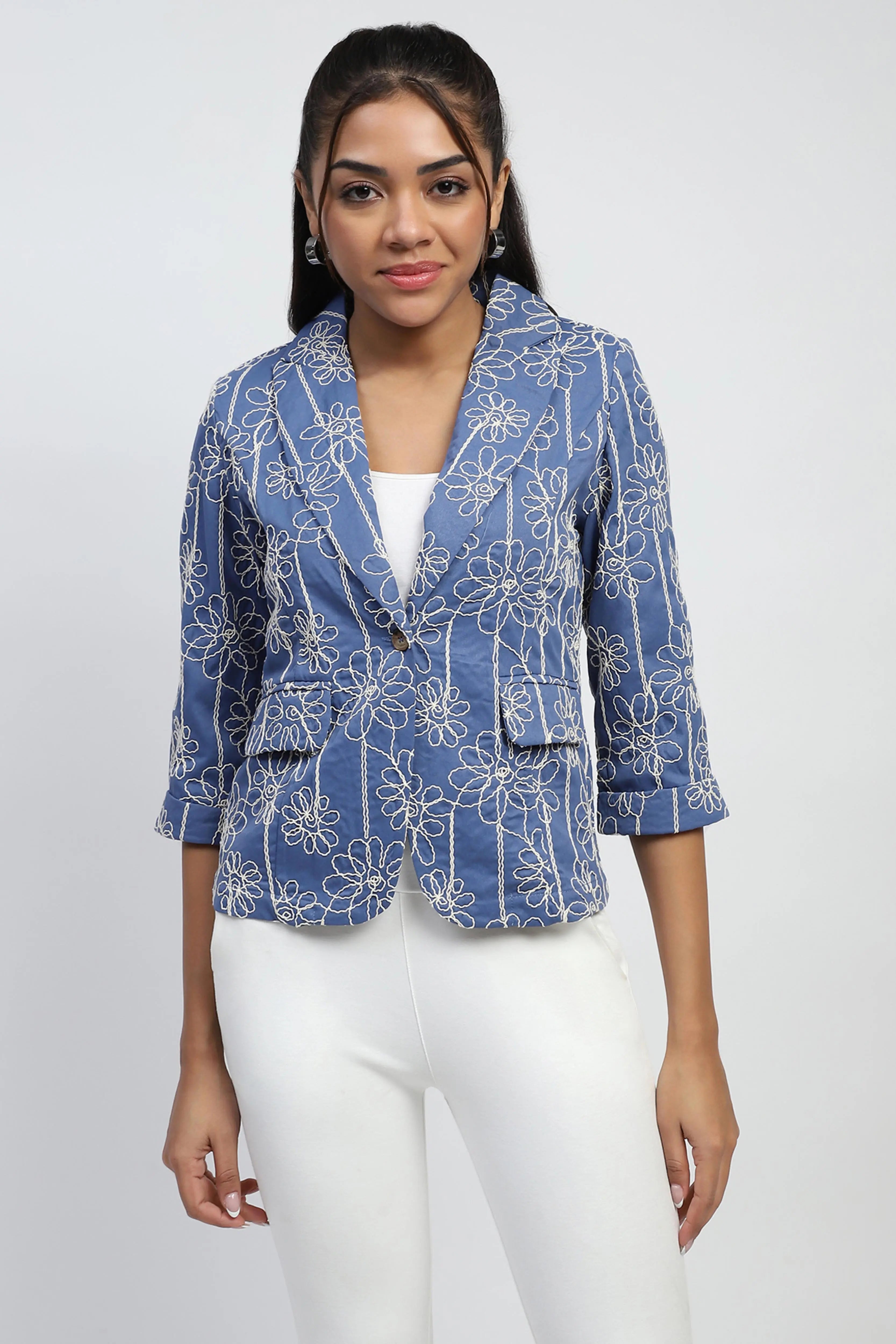 Blue Embroidered Cotton Coat - Global Republic