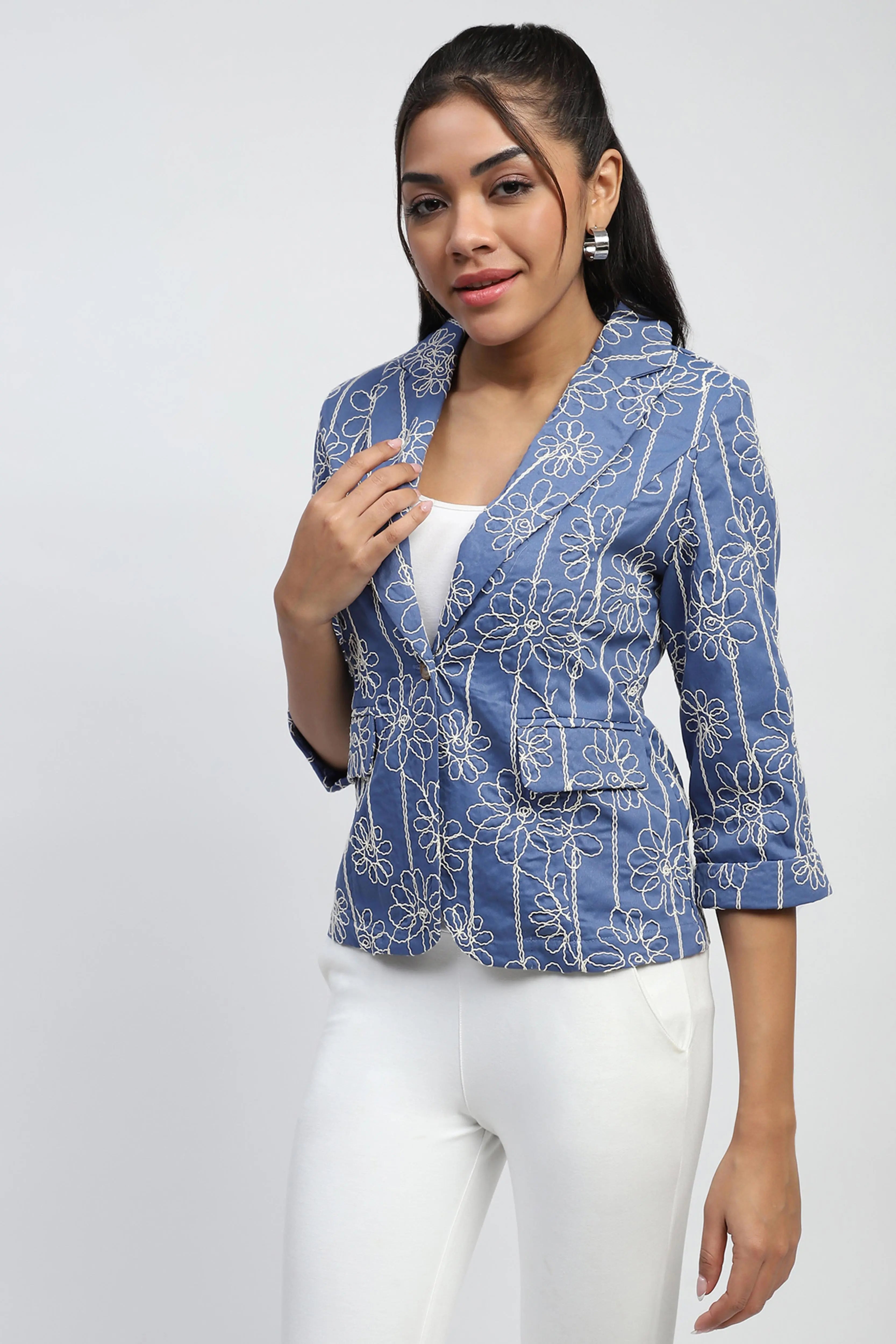 Blue Embroidered Cotton Coat - Global Republic