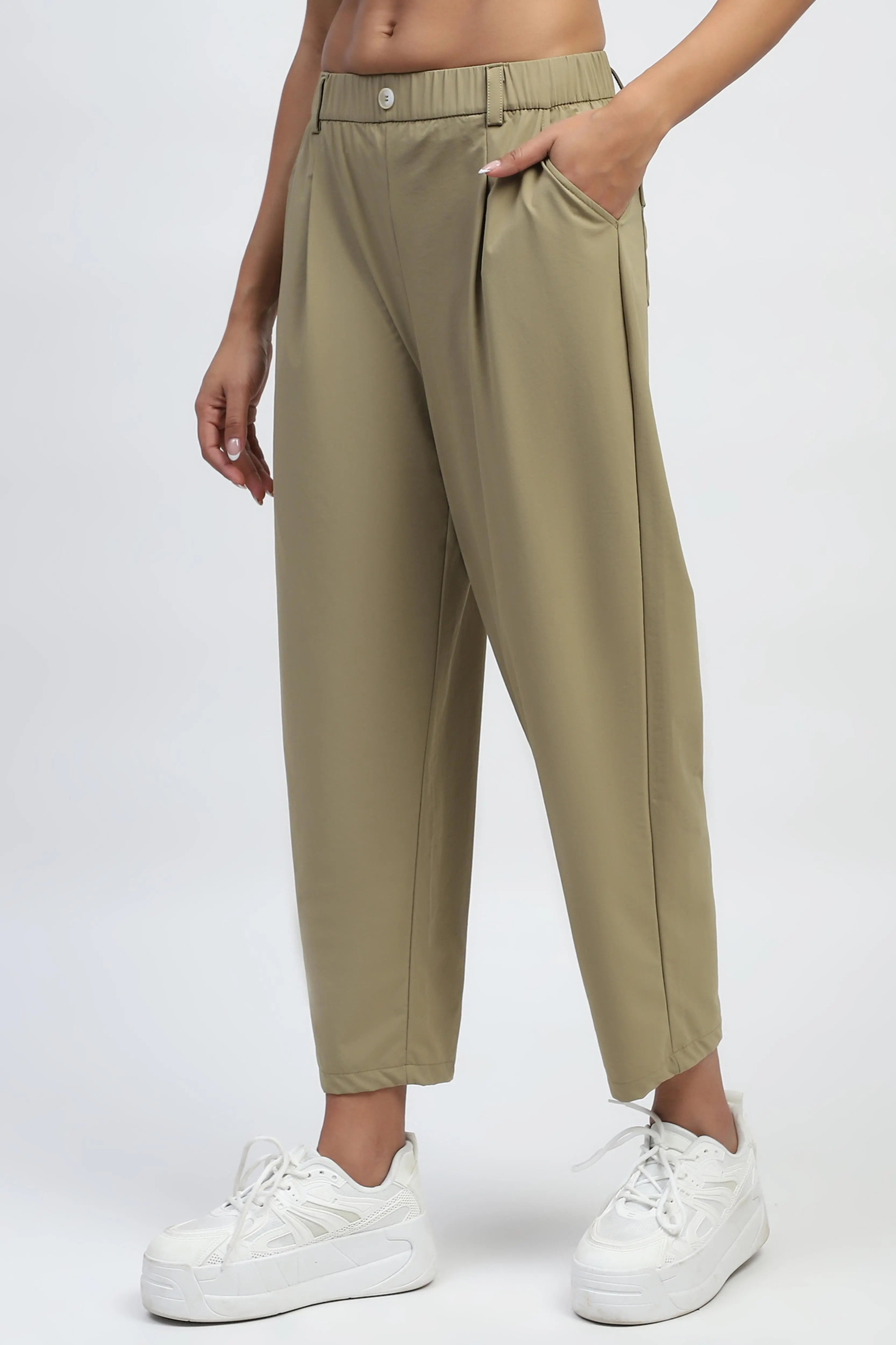 Khaki Solid Nylon Relaxed Fit Lower - Global Republic