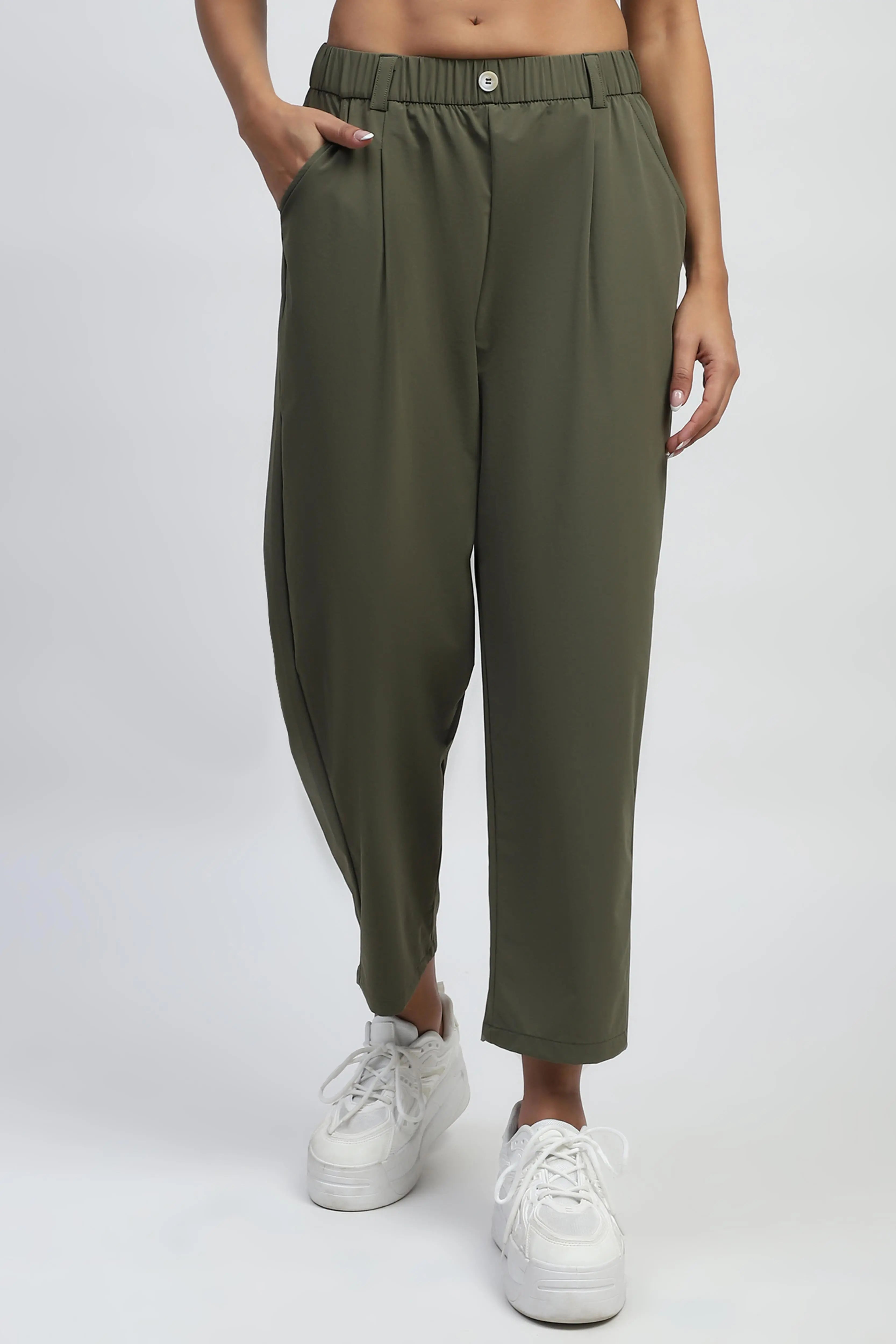 Dark Olive Solid Nylon Relaxed Fit Lower - Global Republic