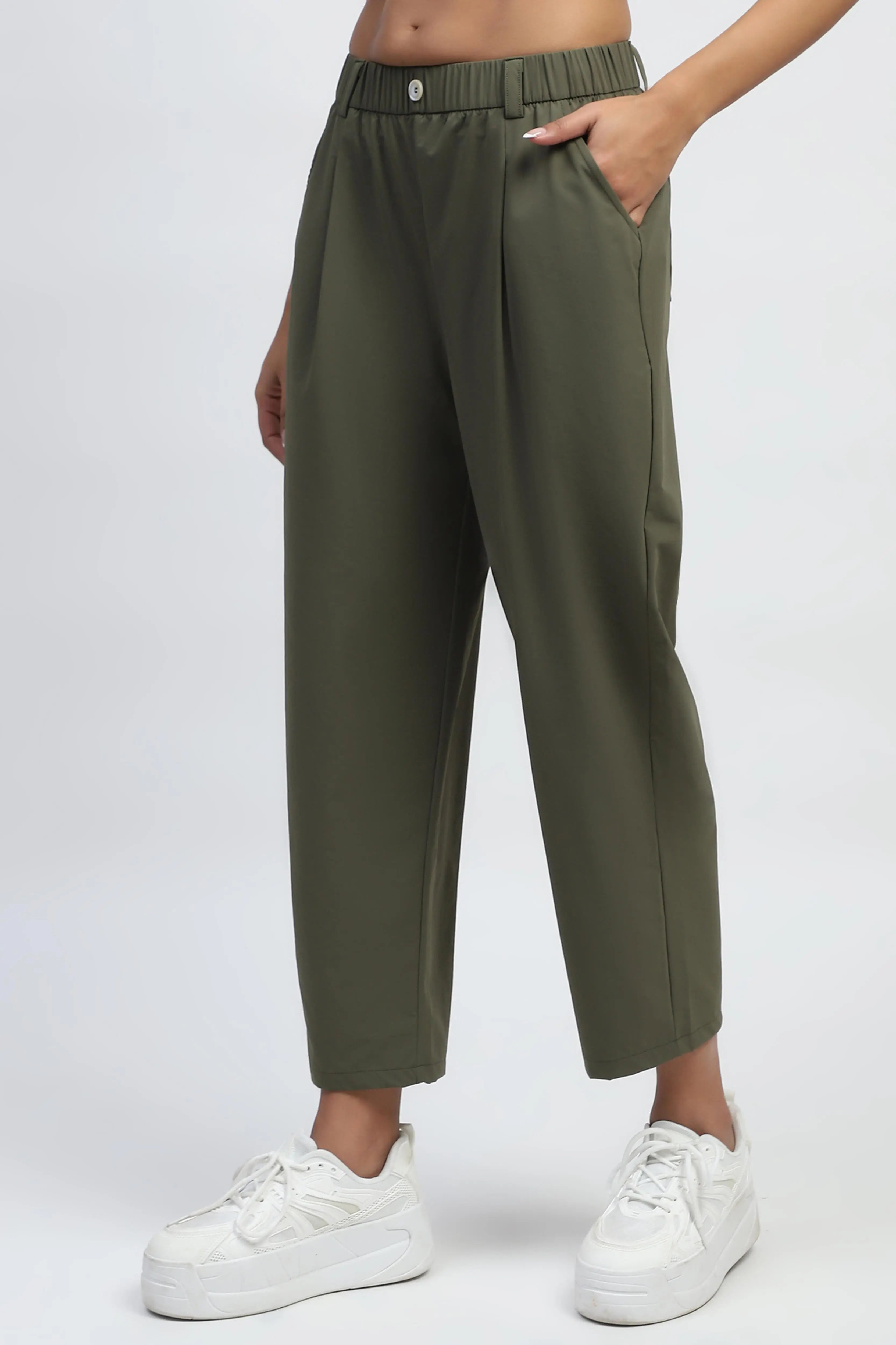 Dark Olive Solid Nylon Relaxed Fit Lower - Global Republic