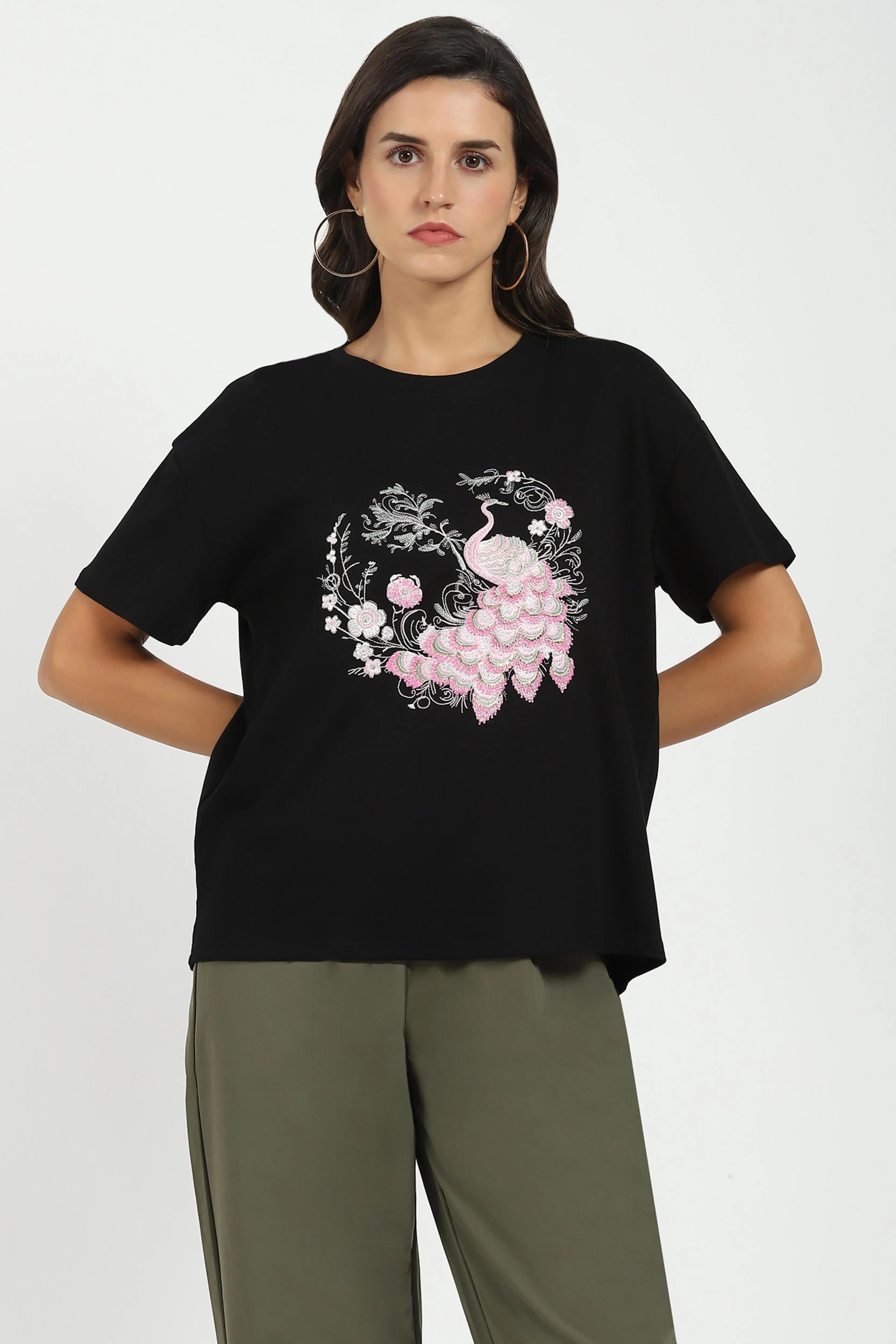 Black Embroidered Loose Fit Top - Global Republic