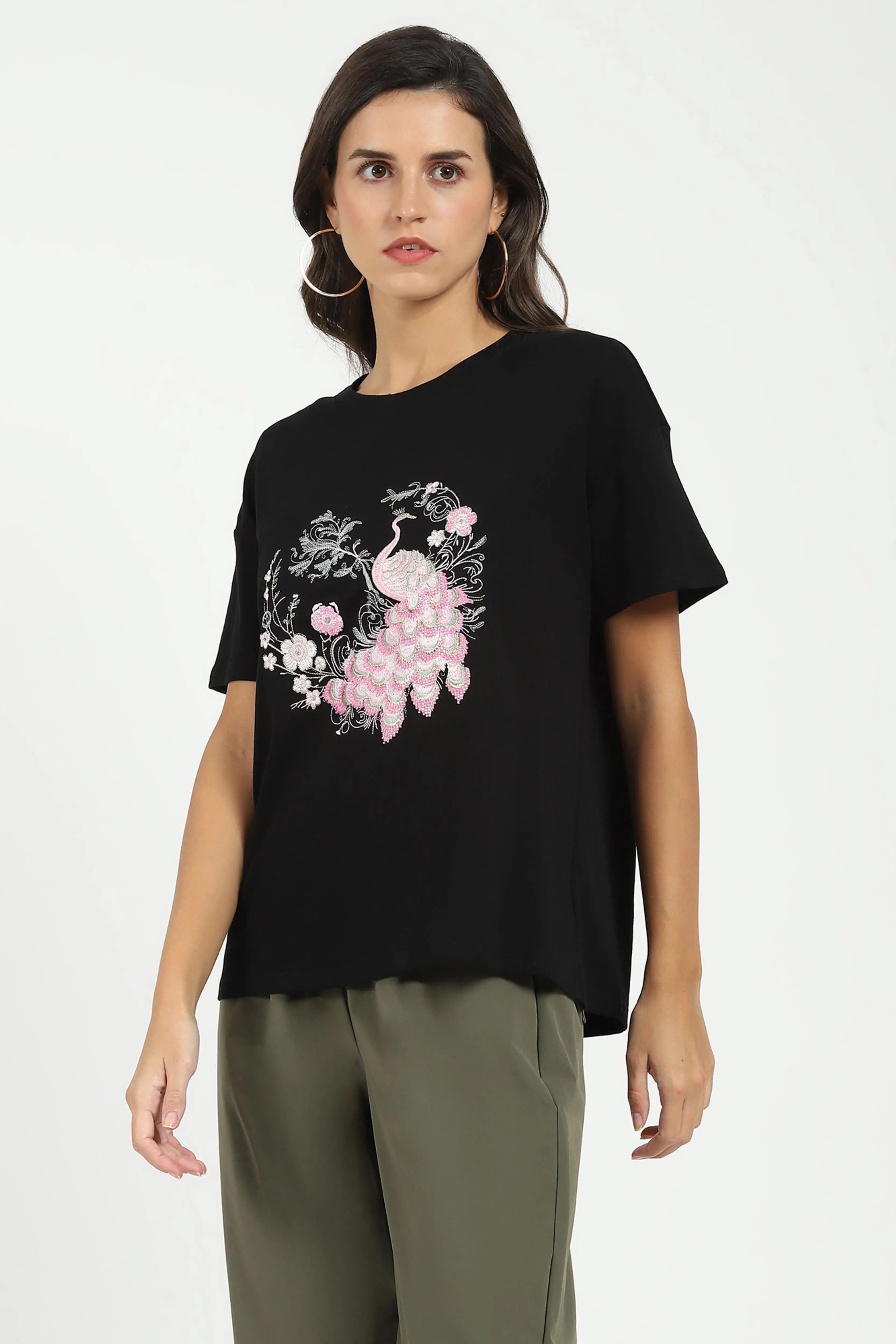 Black Embroidered Loose Fit Top - Global Republic