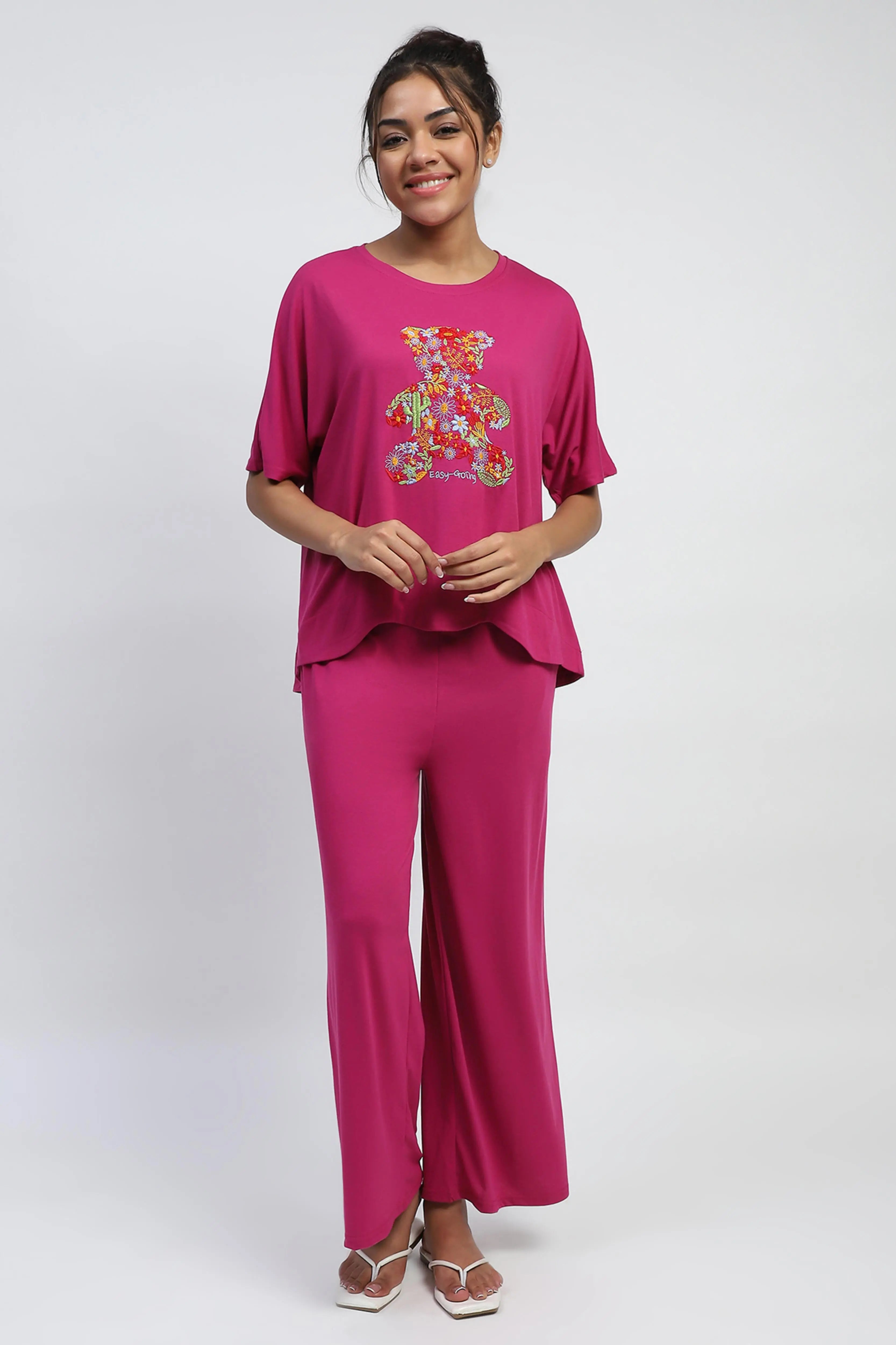 Pink Embroidered Solid Loungewear - Global Republic