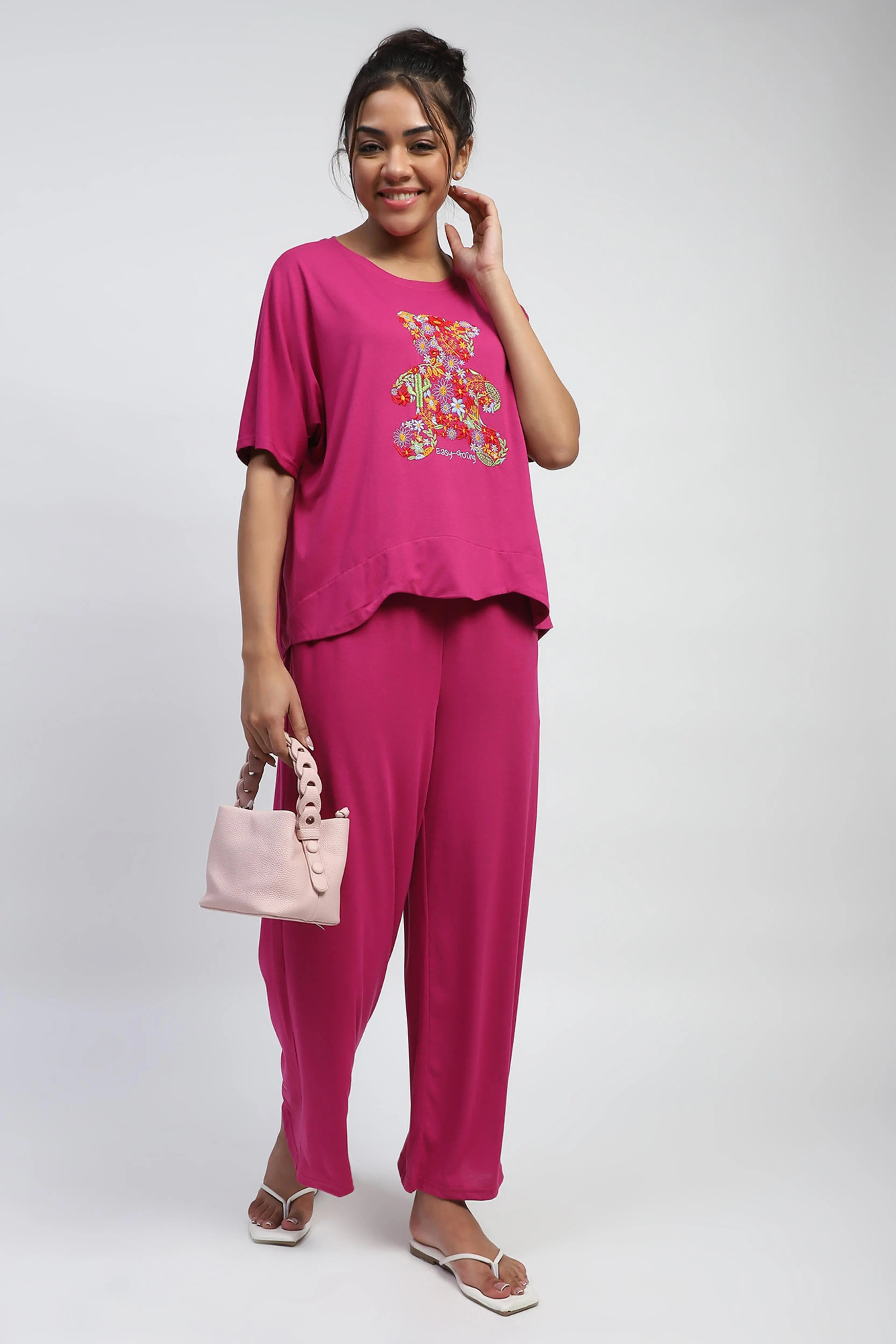 Pink Embroidered Solid Loungewear - Global Republic