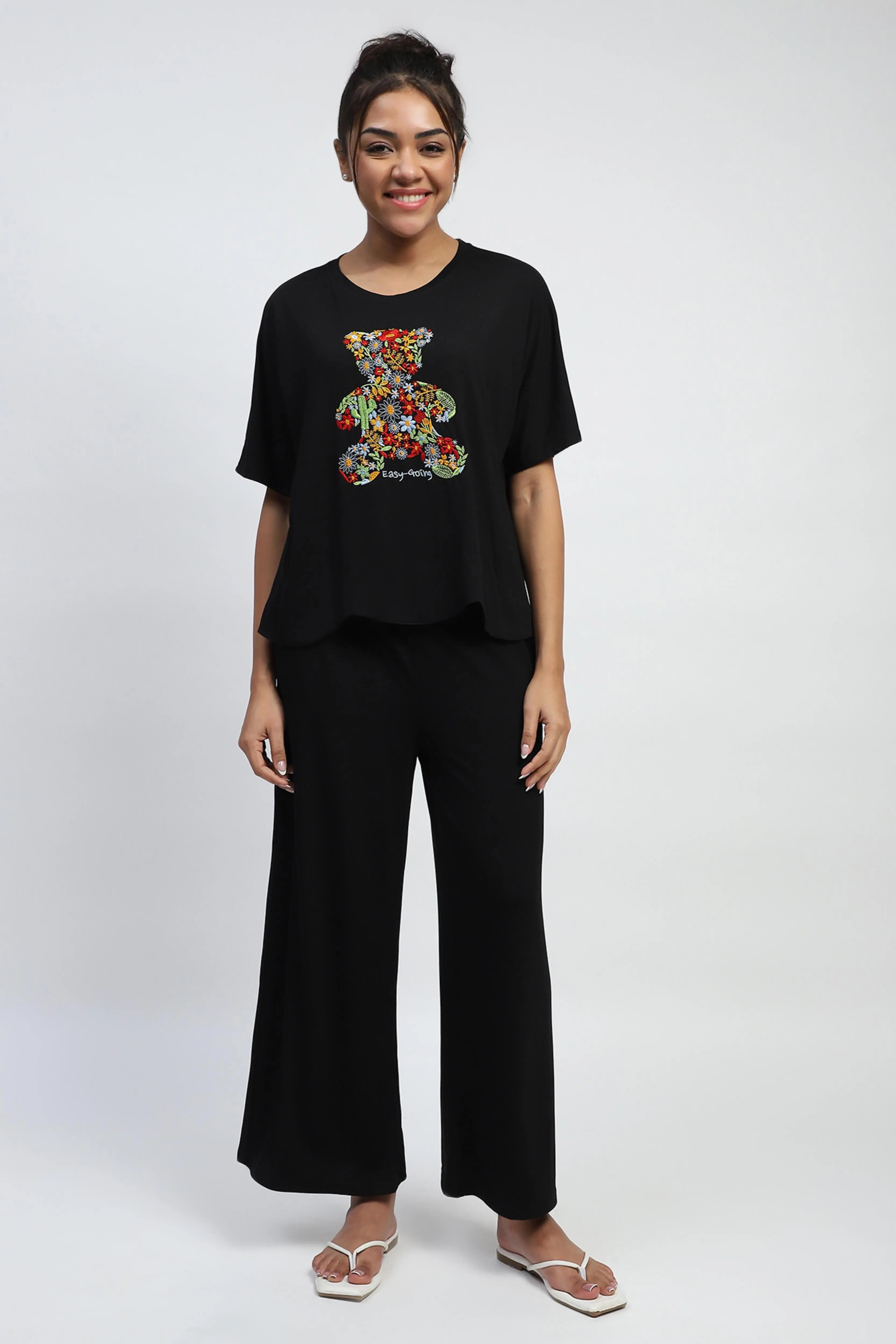 Black Embroidered Rayon Loungewear - Global Republic