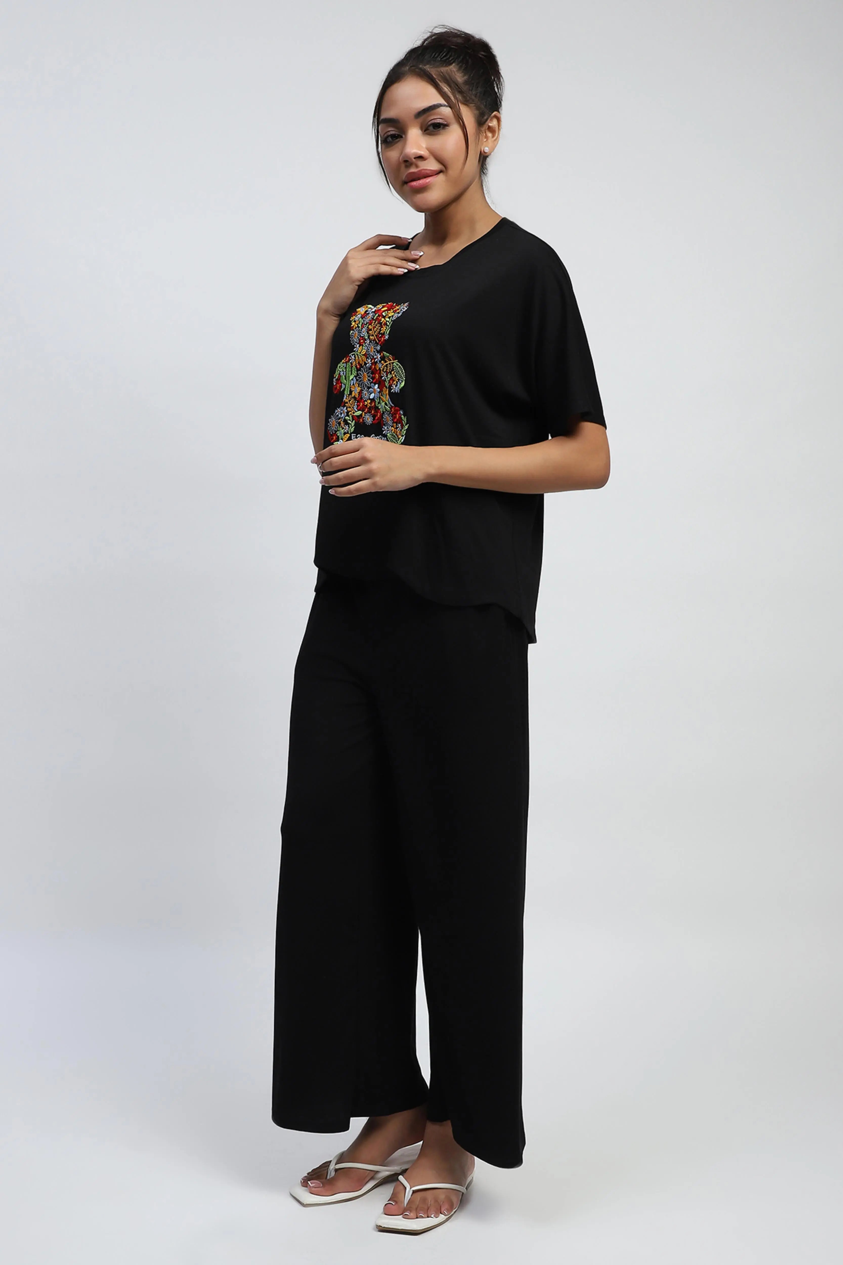 Black Embroidered Rayon Loungewear - Global Republic