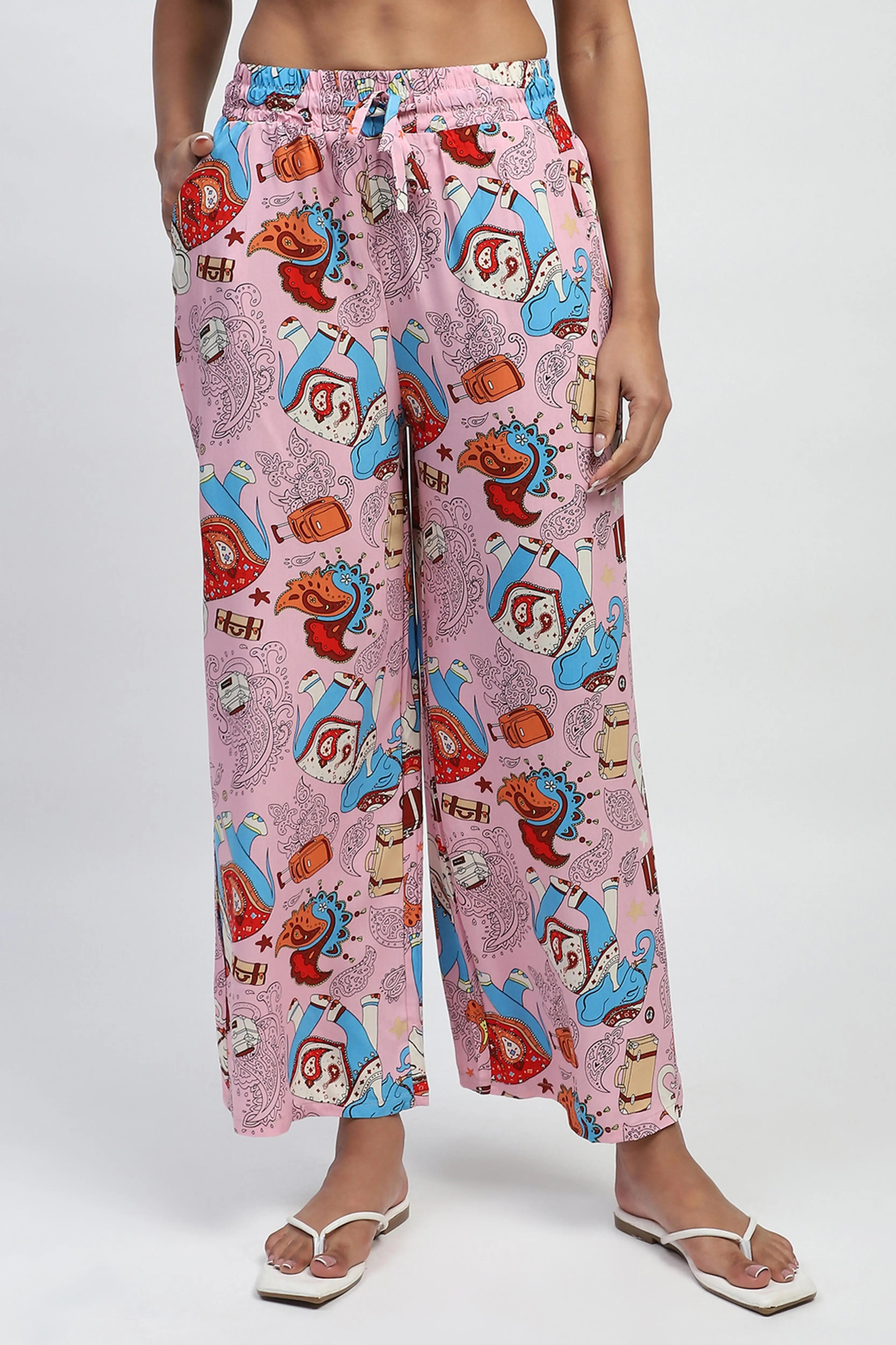 Pink Graphic Print Rayon Loose Fit Lower - Global Republic