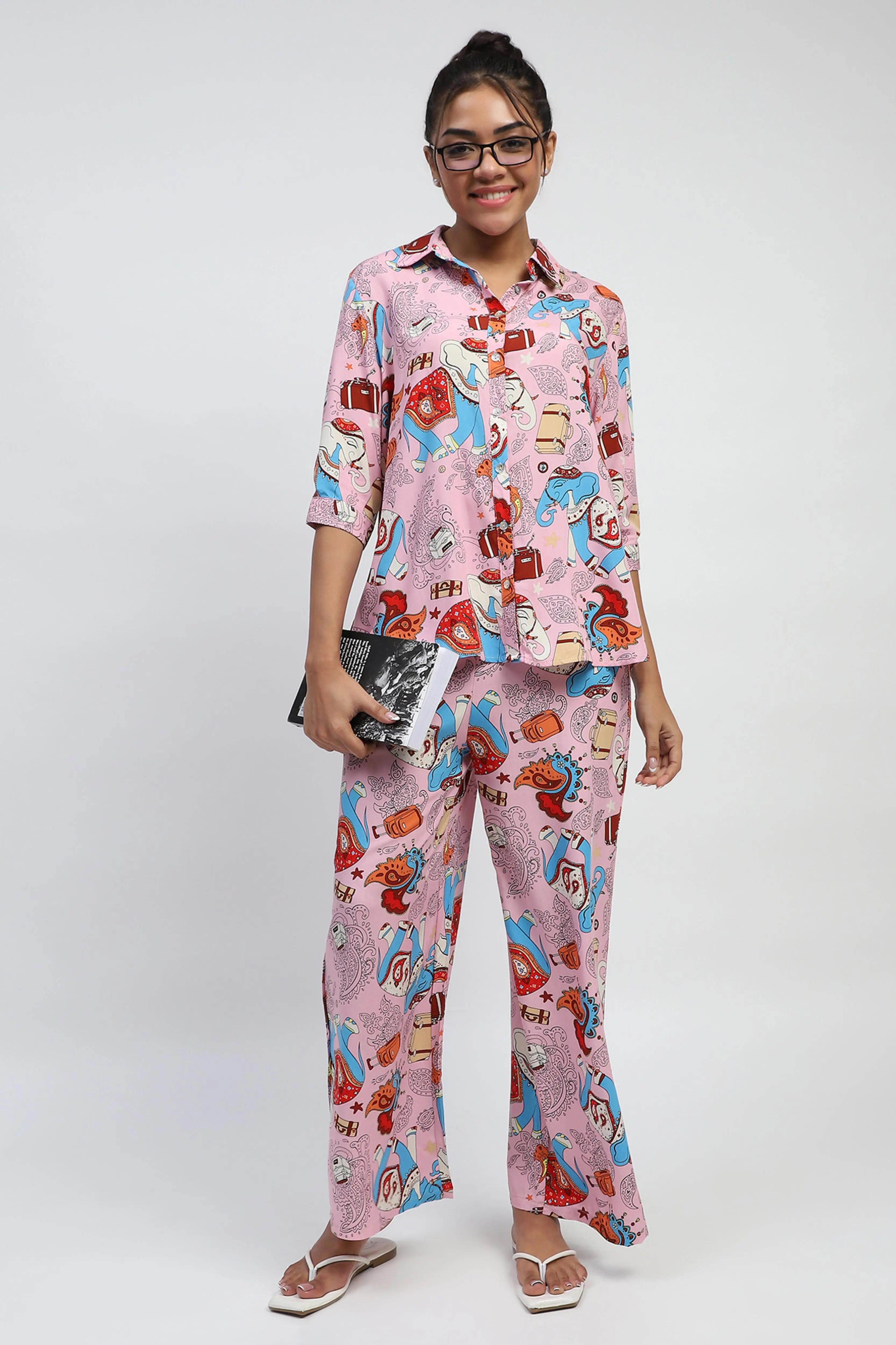 Pink Graphic Print Rayon Loose Fit Lower - Global Republic