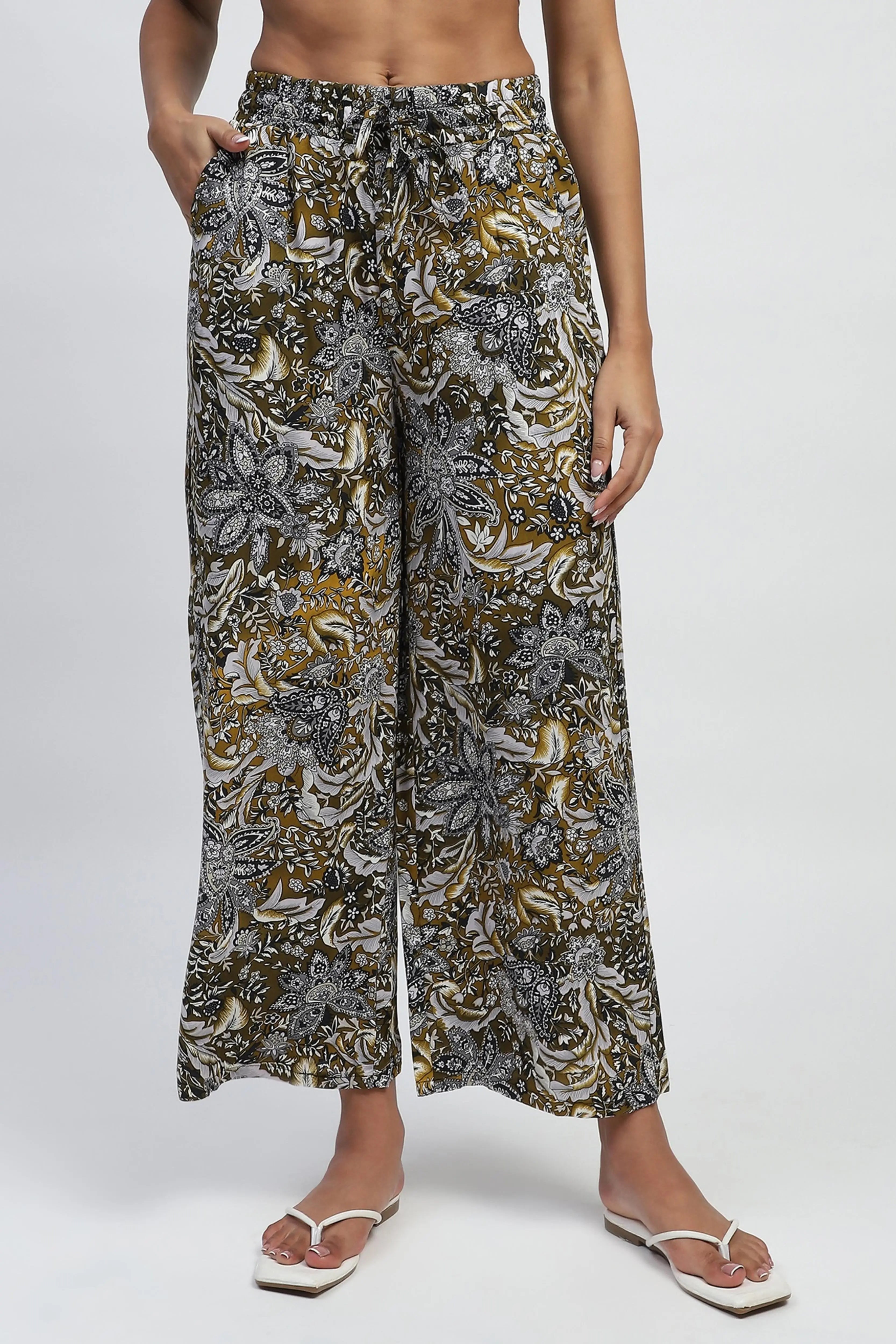 Olive Floral Print Rayon Loose Fit Lower - Global Republic